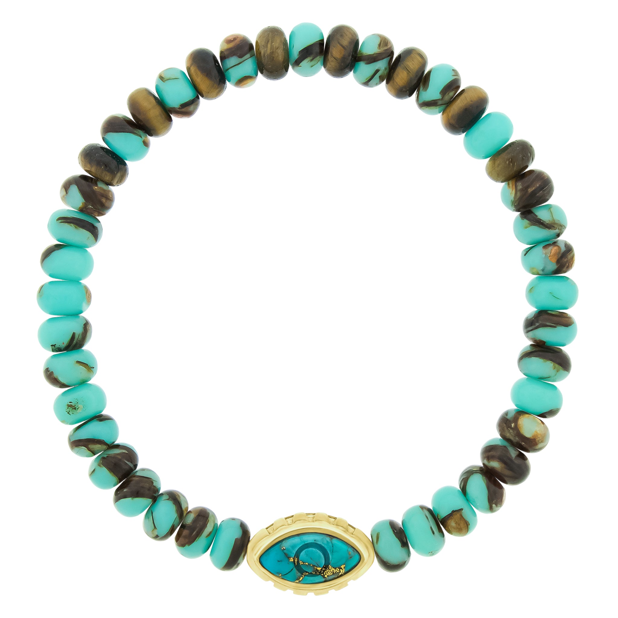 LUIS MORAIS 14K yellow gold Eye of the Idol bead with an engraved Marquise gemstone on a beaded bracelet.