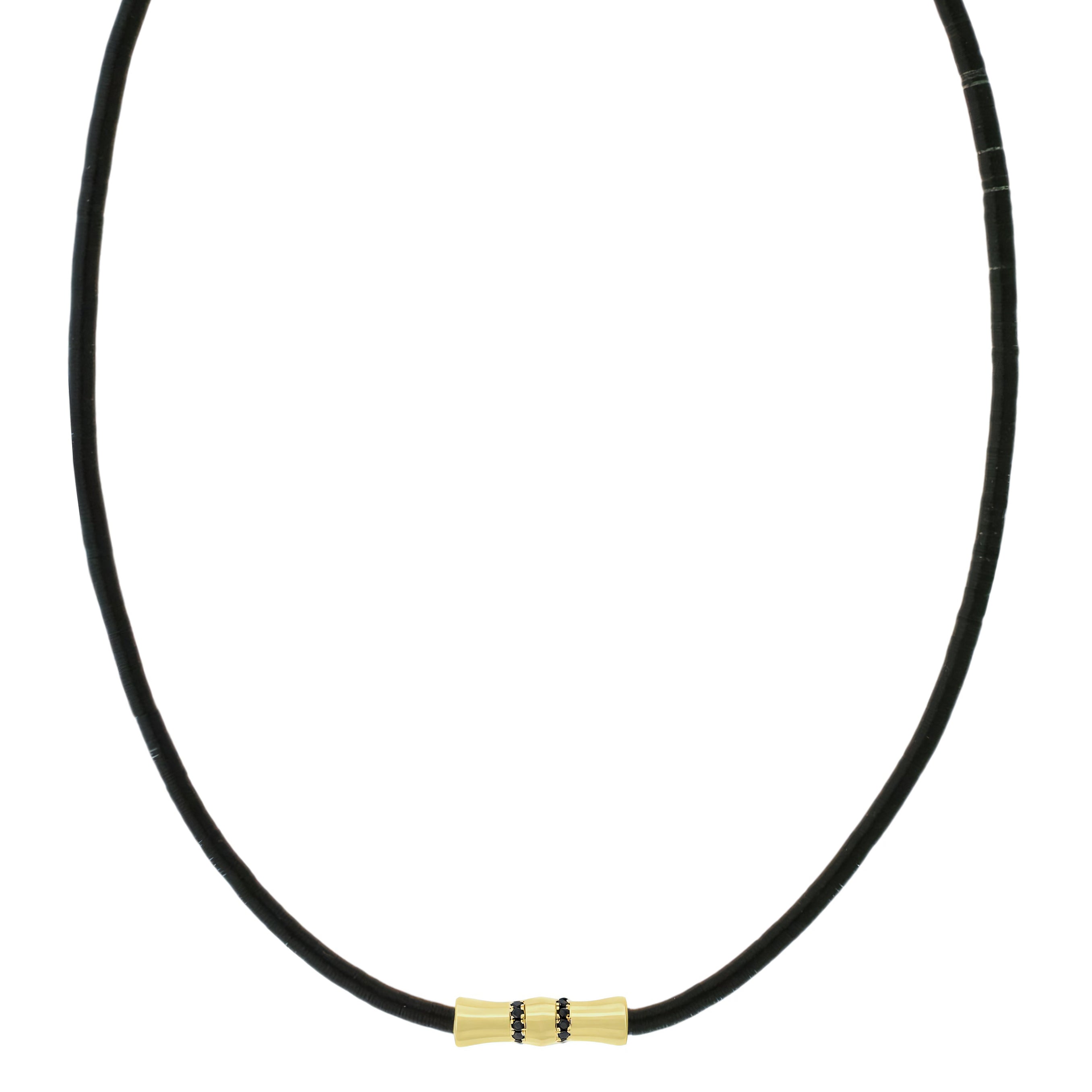 Black necklace with gold clasp on a white background