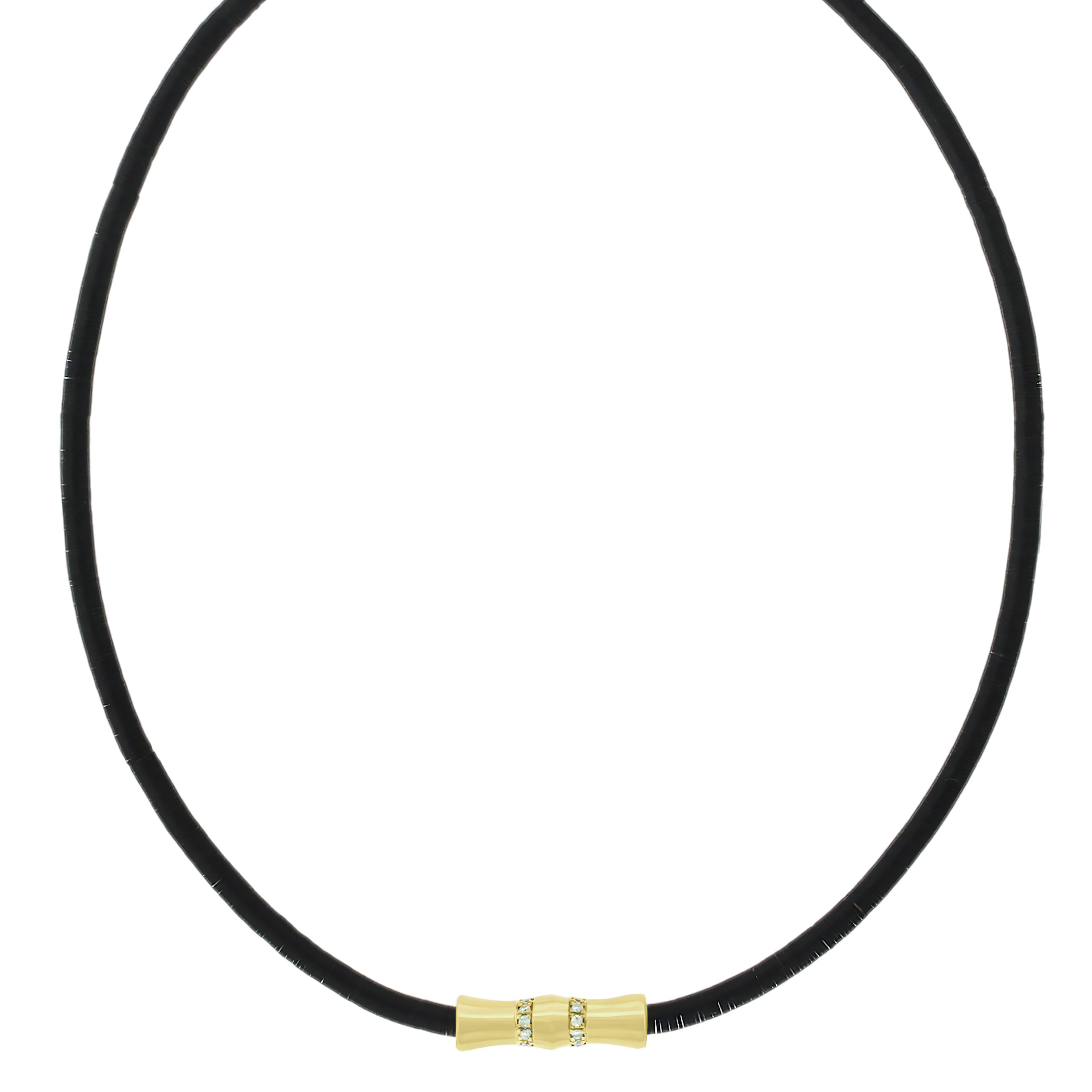 Black necklace with gold clasp on a white background