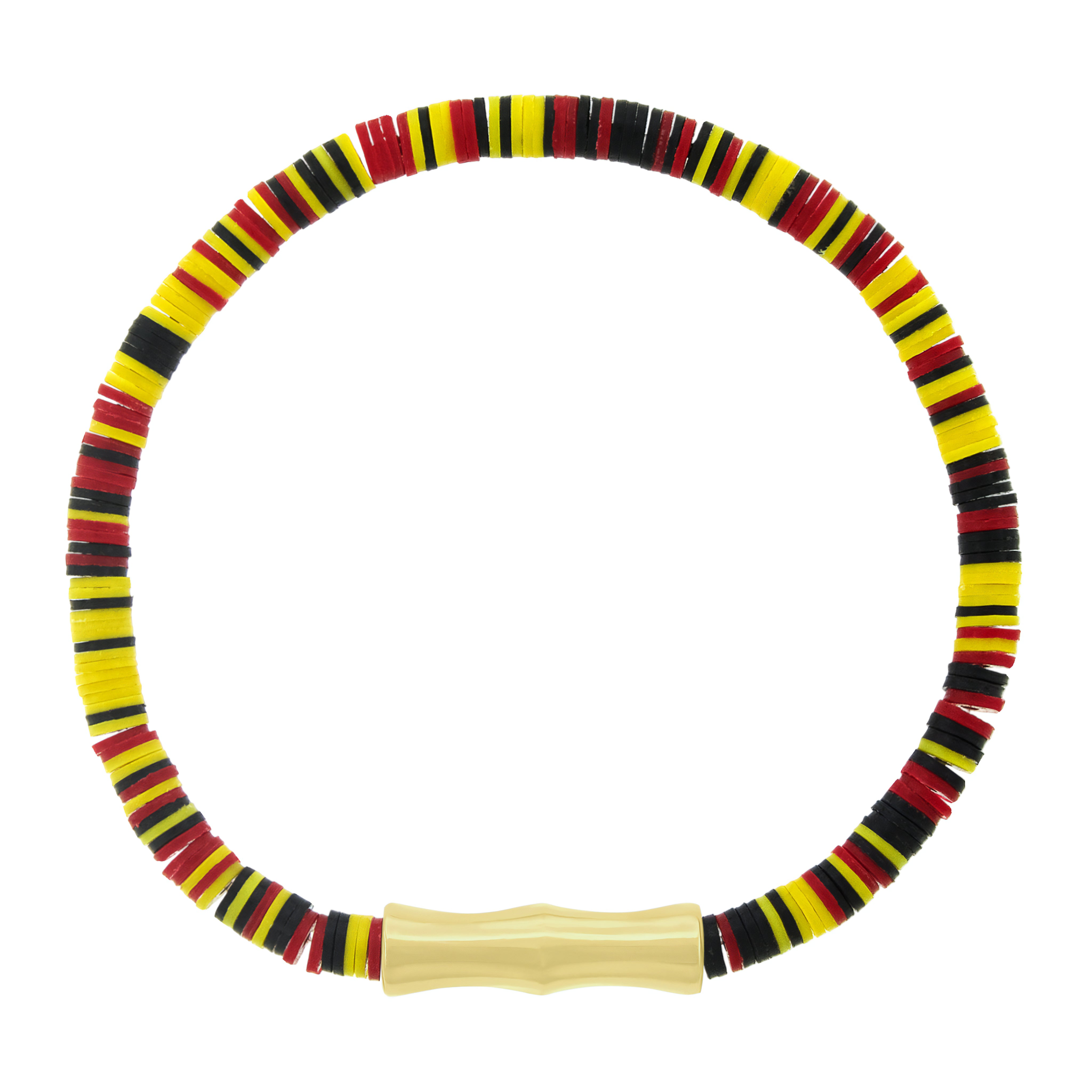 LUIS MORAIS 14k yellow gold double-sheath tube on an African vinyl beaded bracelet. Elastic cord.