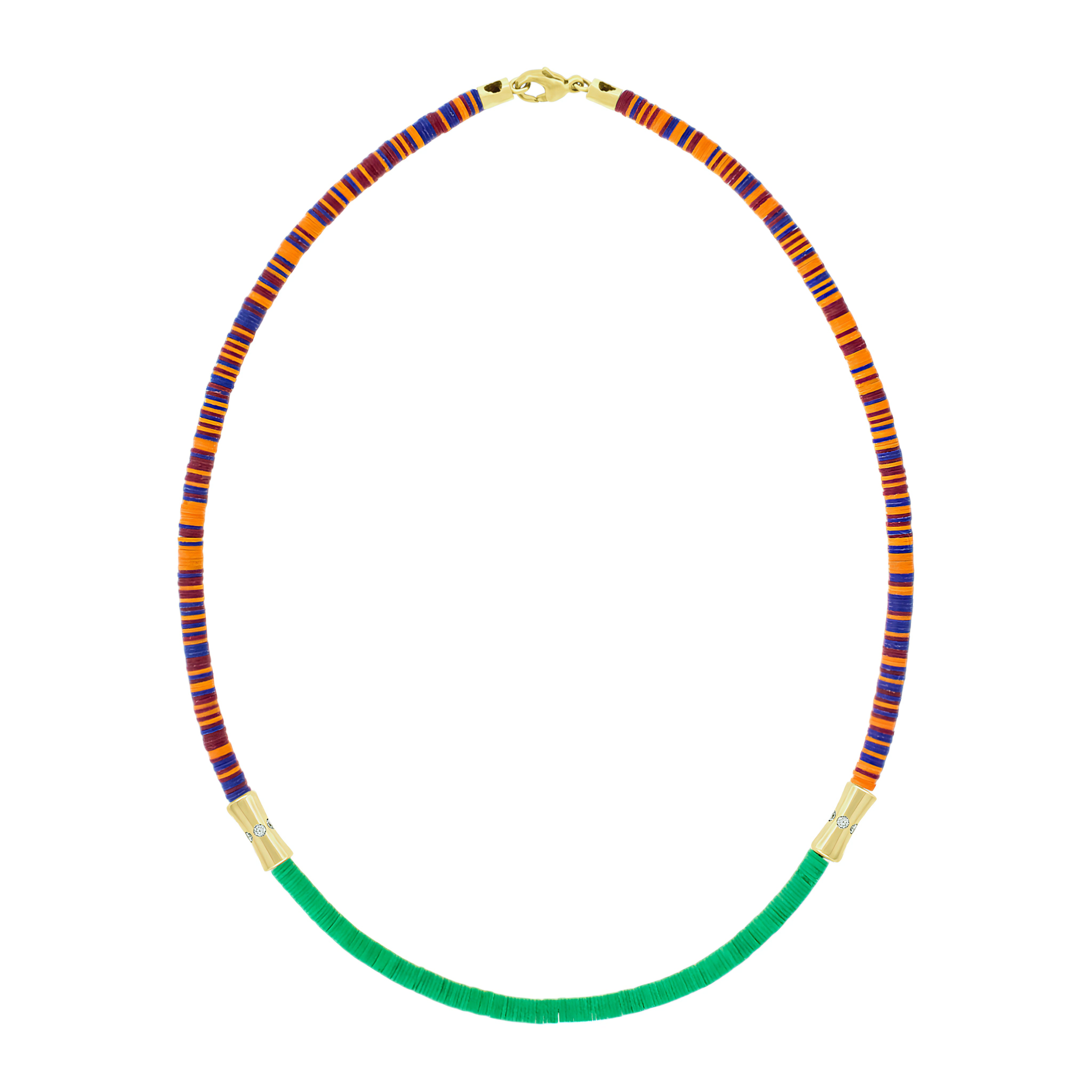 LUIS MORAIS Africa vinyl beaded necklace featuring two 14k yellow gold single sheath tubes with white diamonds. Lobster clasp closure.
