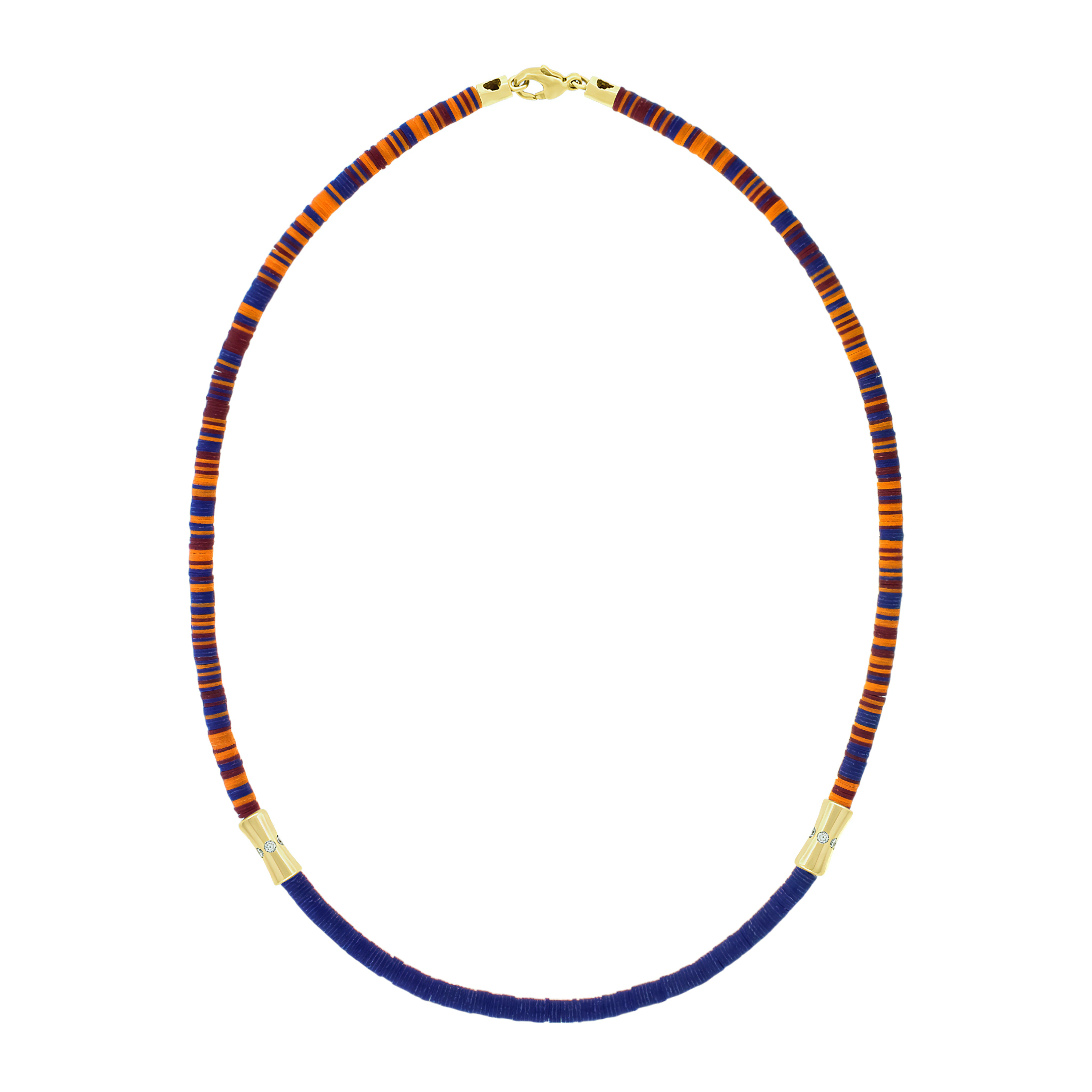 LUIS MORAIS Africa vinyl beaded necklace featuring two 14k yellow gold sheath tubes with white diamonds. Lobster clasp closure.