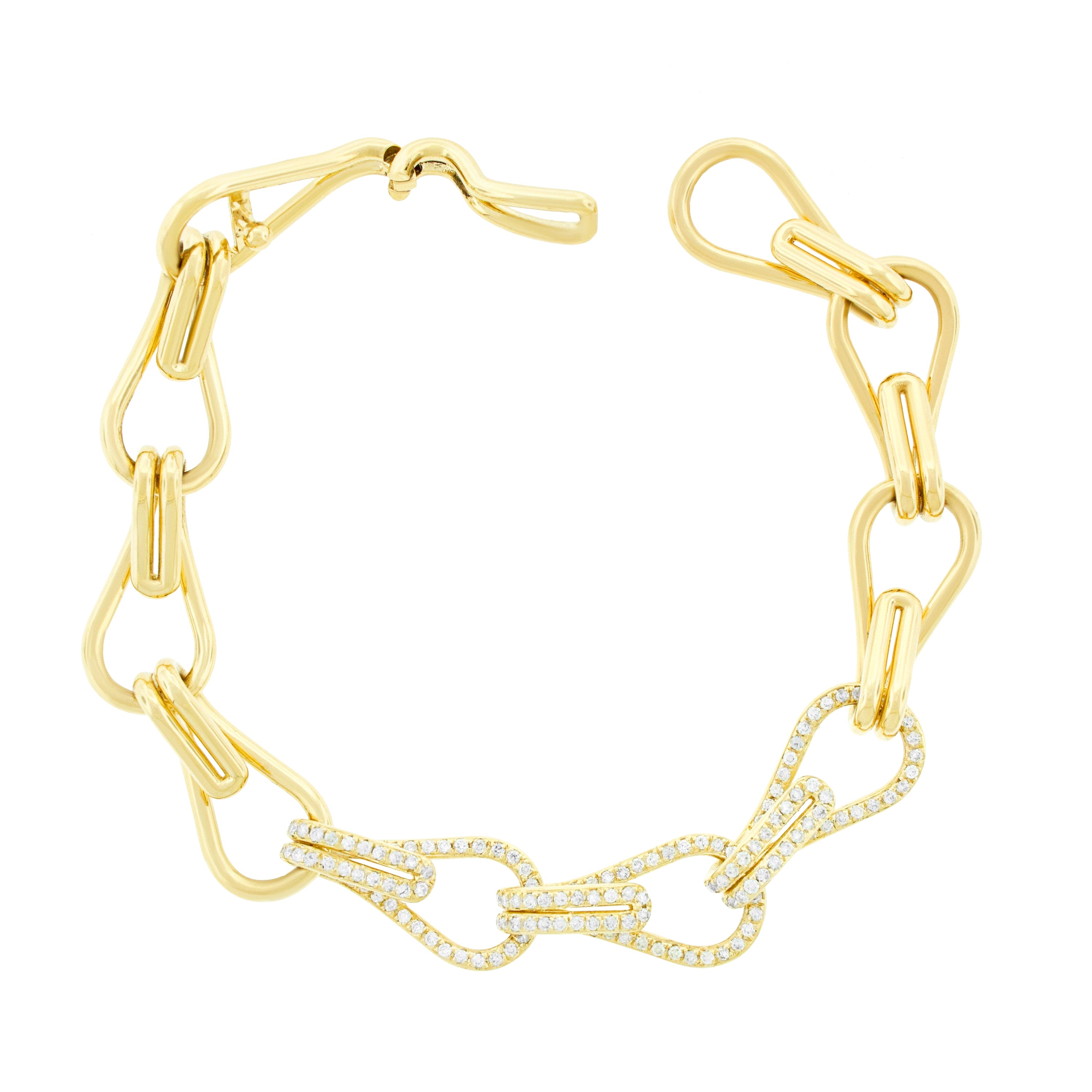 Gold chain bracelet with diamond accents on a white background