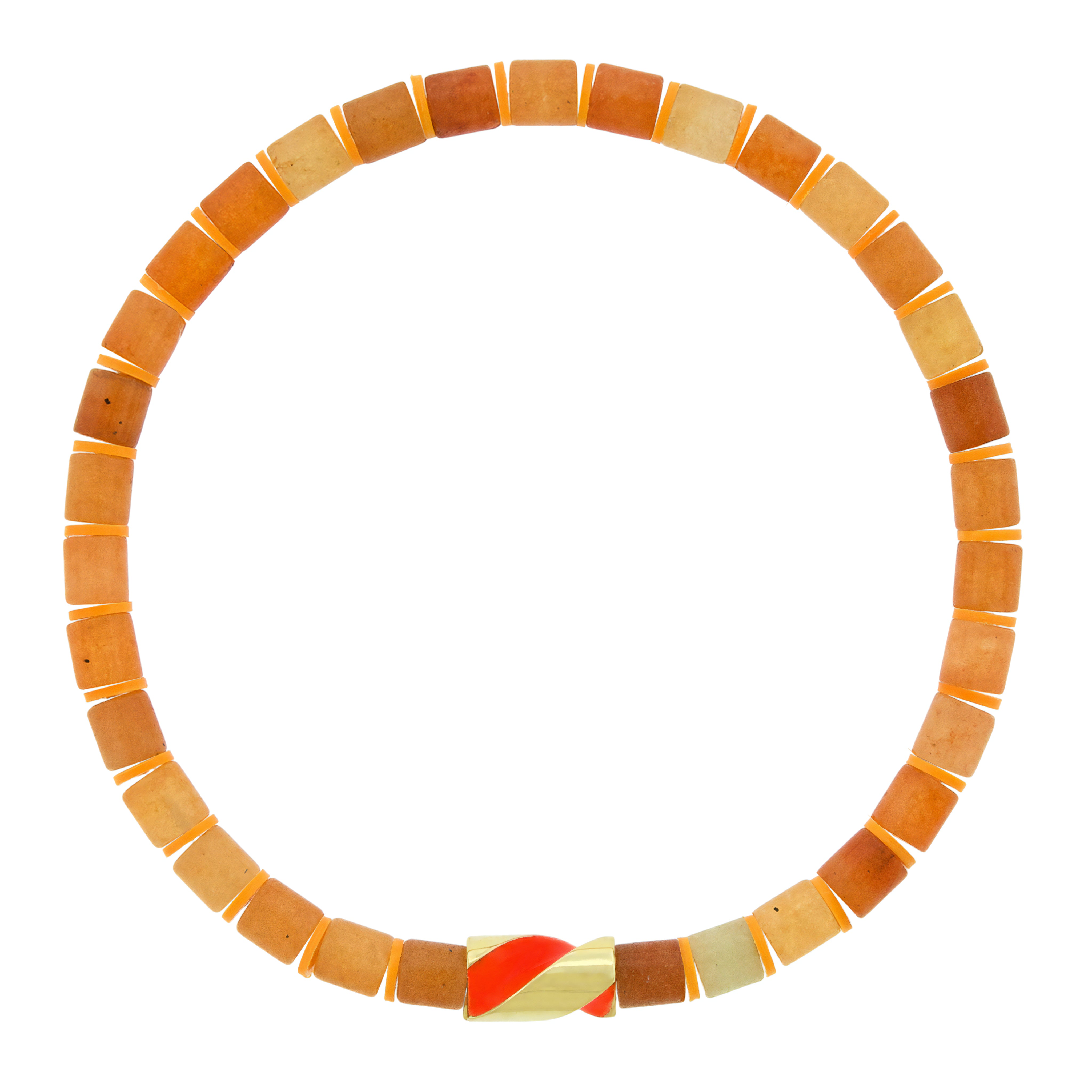 LUIS MORAIS 14k yellow gold enameled short drill bit on a gemstone beaded bracelet. The drill bit design is symbolic of digging deeper into oneself and life’s challenges. It represents resilience and the pursuit of discovery, encouraging the wearer to push through obstacles and uncover hidden truths.