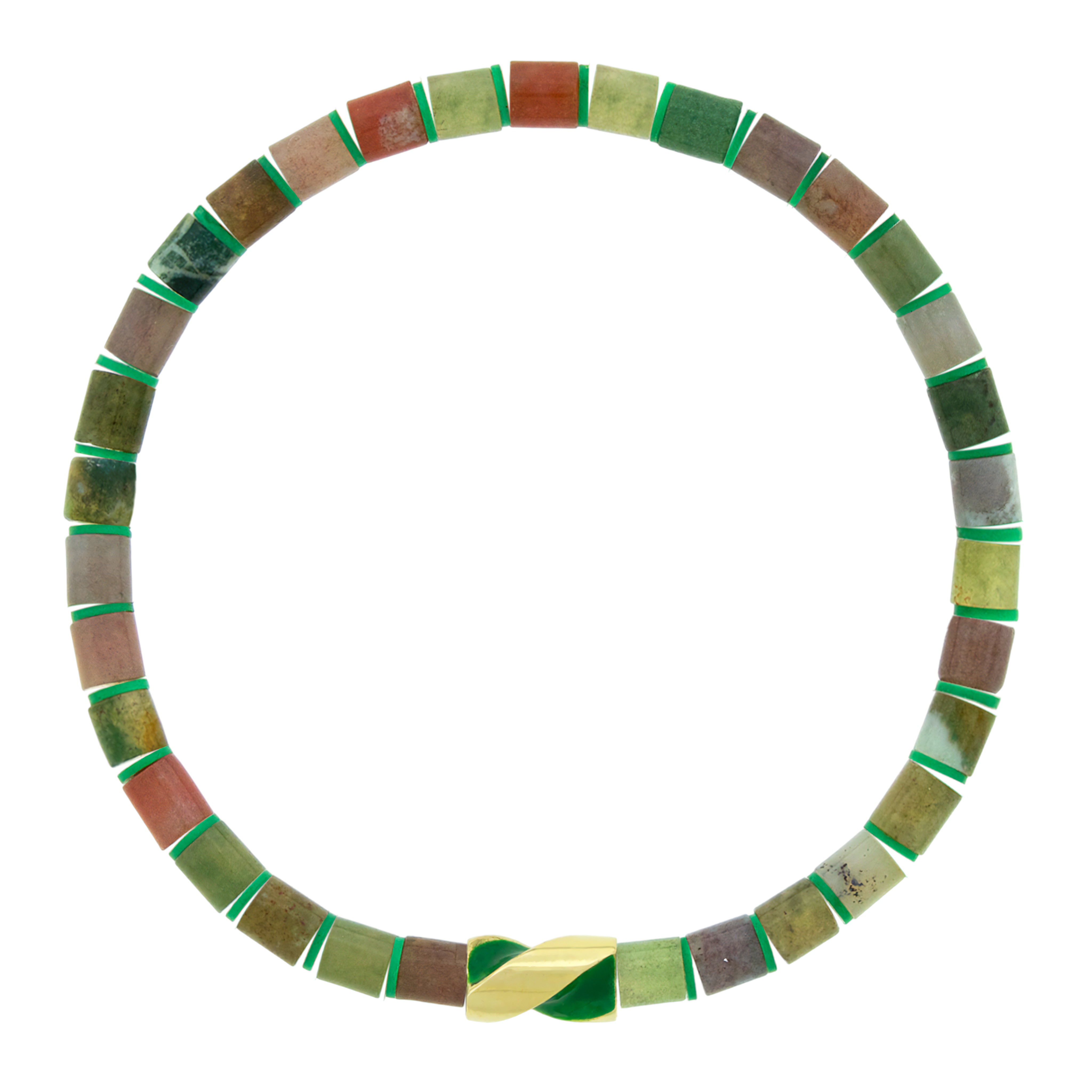 LUIS MORAIS 14k yellow gold enameled short drill bit on a gemstone beaded bracelet. The drill bit design is symbolic of digging deeper into oneself and life’s challenges. It represents resilience and the pursuit of discovery, encouraging the wearer to push through obstacles and uncover hidden truths.