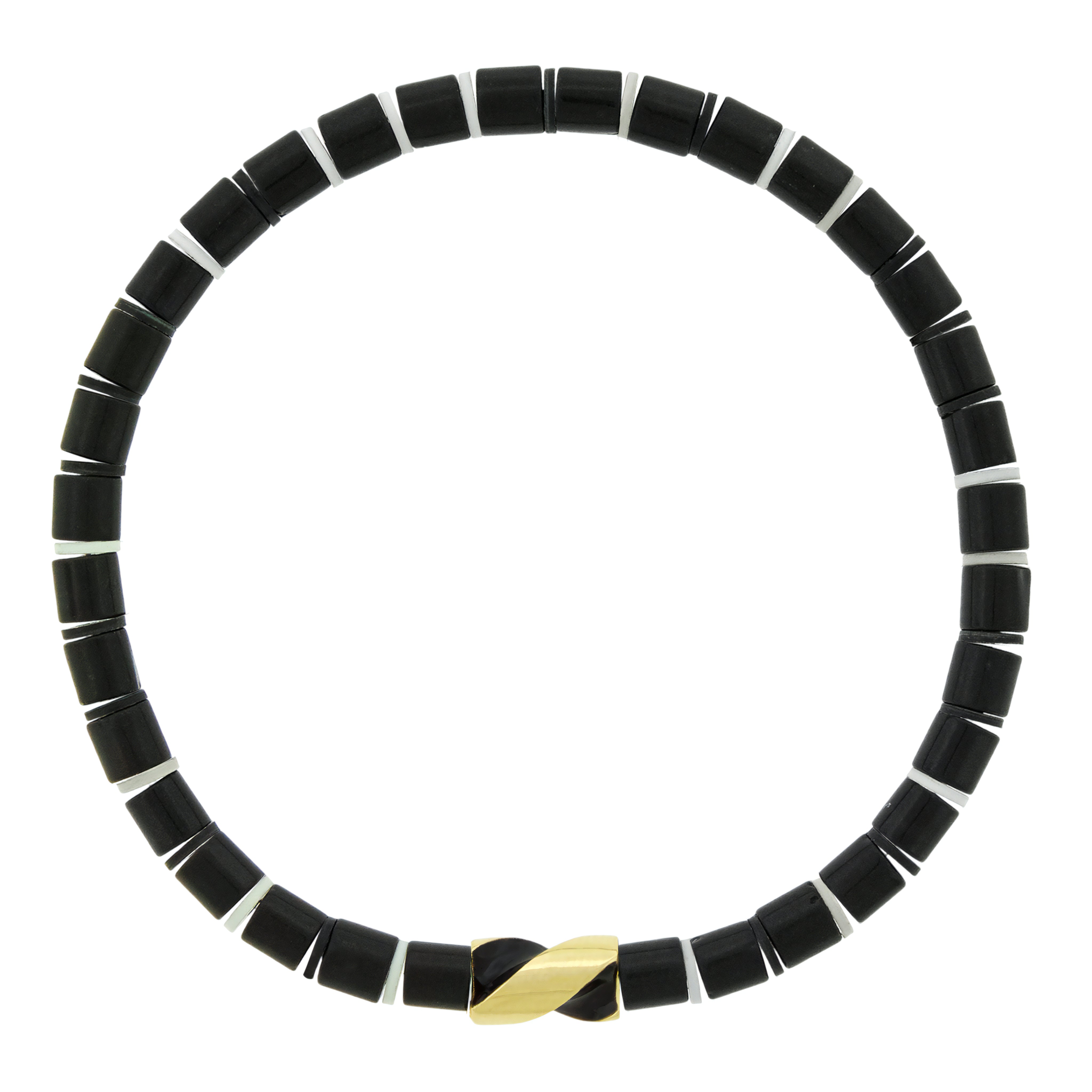 LUIS MORAIS 14k yellow gold enameled short drill bit on a gemstone beaded bracelet. The drill bit design is symbolic of digging deeper into oneself and life’s challenges. It represents resilience and the pursuit of discovery, encouraging the wearer to push through obstacles and uncover hidden truths.