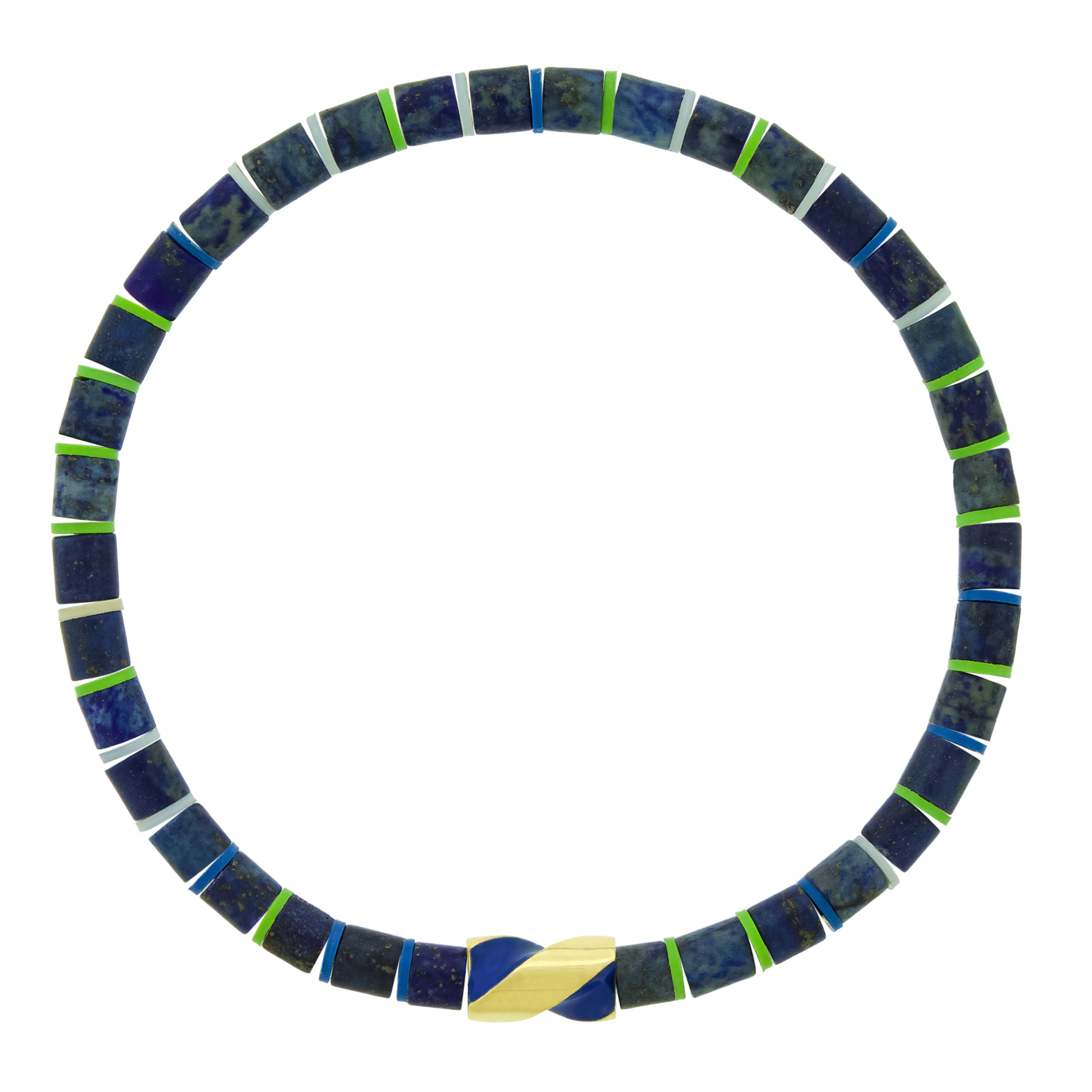 LUIS MORAIS 14k yellow gold enameled short drill bit on a gemstone beaded bracelet. The drill bit design is symbolic of digging deeper into oneself and life’s challenges. It represents resilience and the pursuit of discovery, encouraging the wearer to push through obstacles and uncover hidden truths.