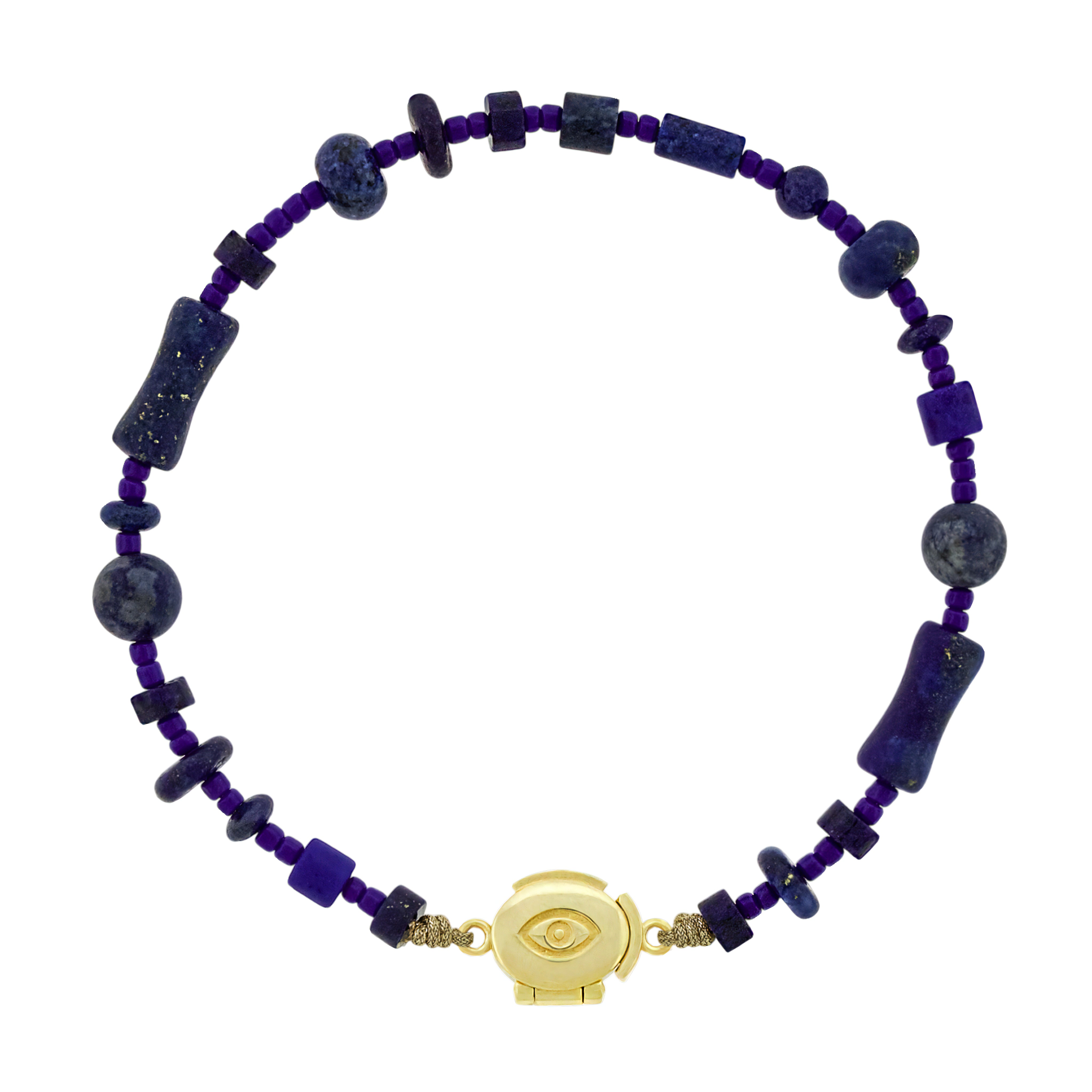 LUIS MORAIS 14K yellow gold clamshell clasp with a recessed eye symbol on a gemstone beaded bracelet.