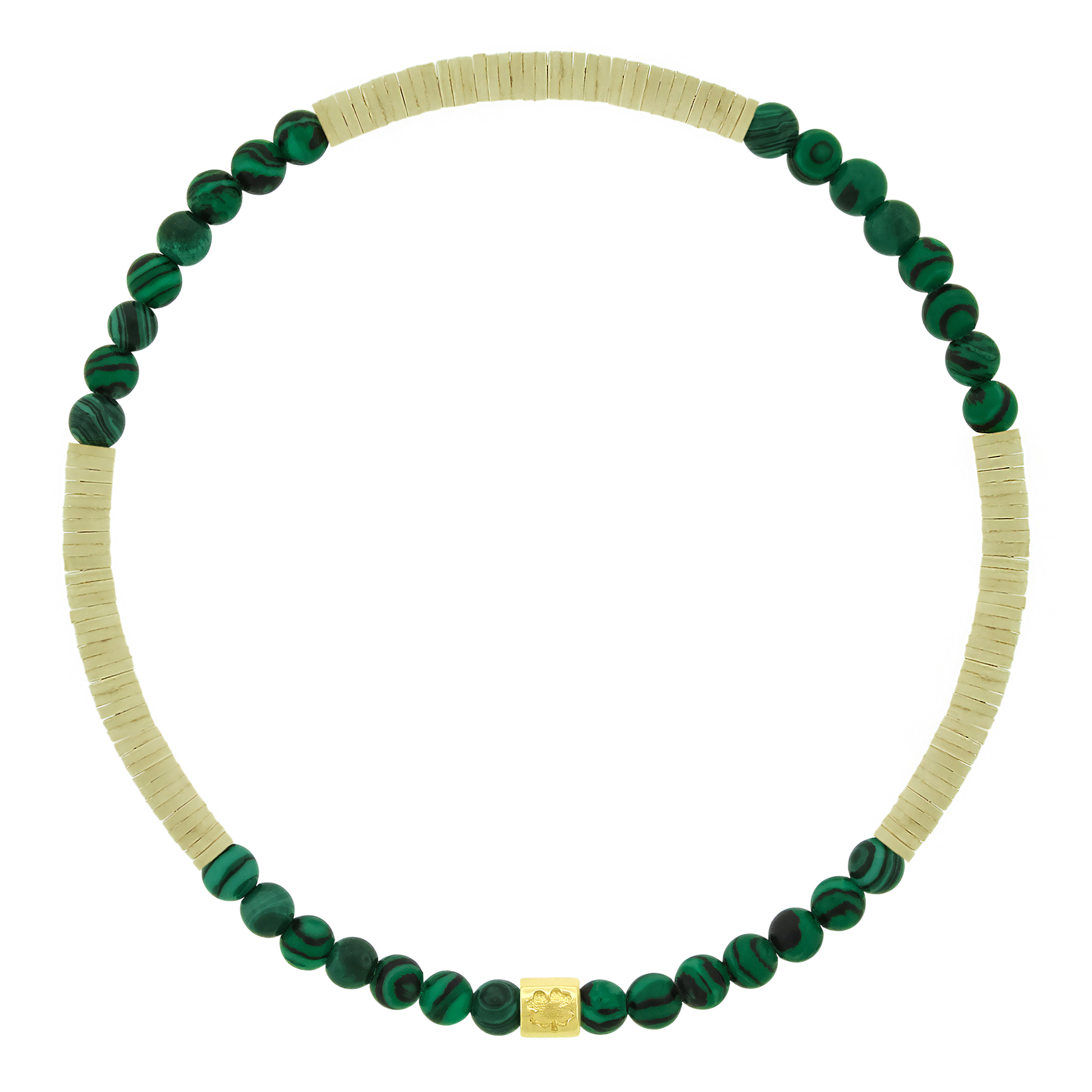 LUIS MORAIS 14K yellow gold short roll with a recessed clover symbol on a gemstone and vinyl beaded bracelet.