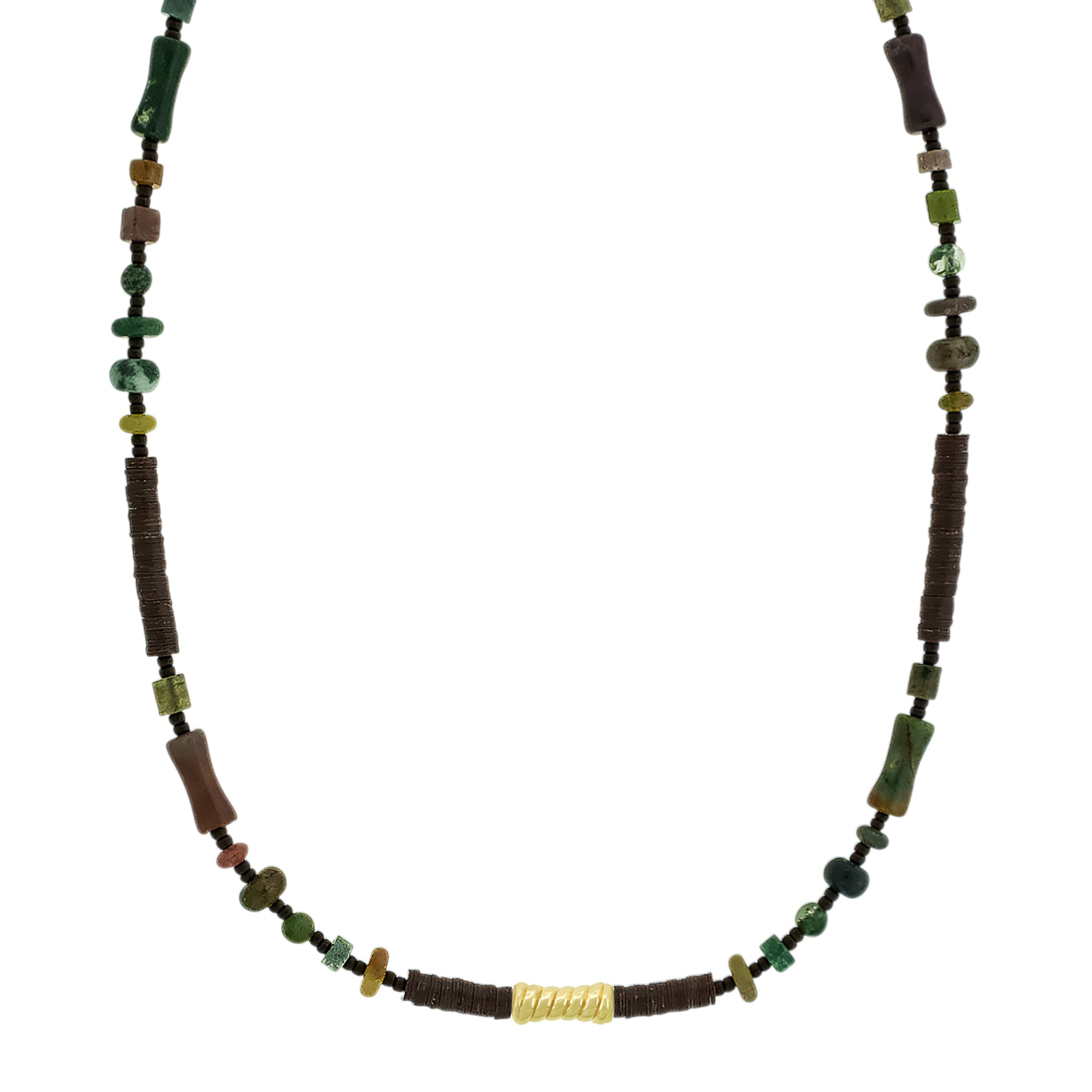 Necklace with brown, green, and gold beads on a white background