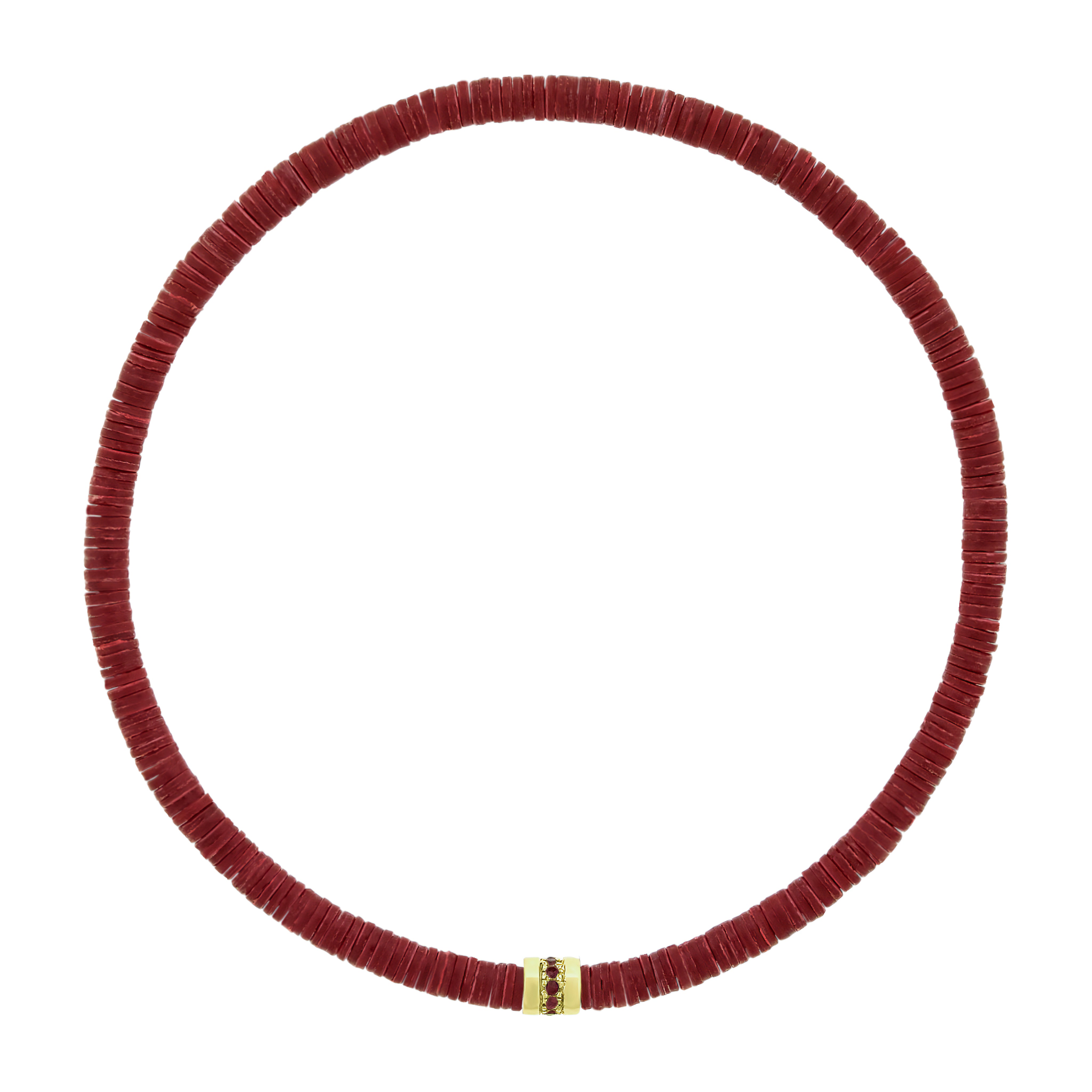 LUIS MORAIS 14K yellow gold short roll with a line of round rubies on a vinyl beaded bracelet. A versatile piece that pairs easily with other styles and is ideal for adding to your stack.