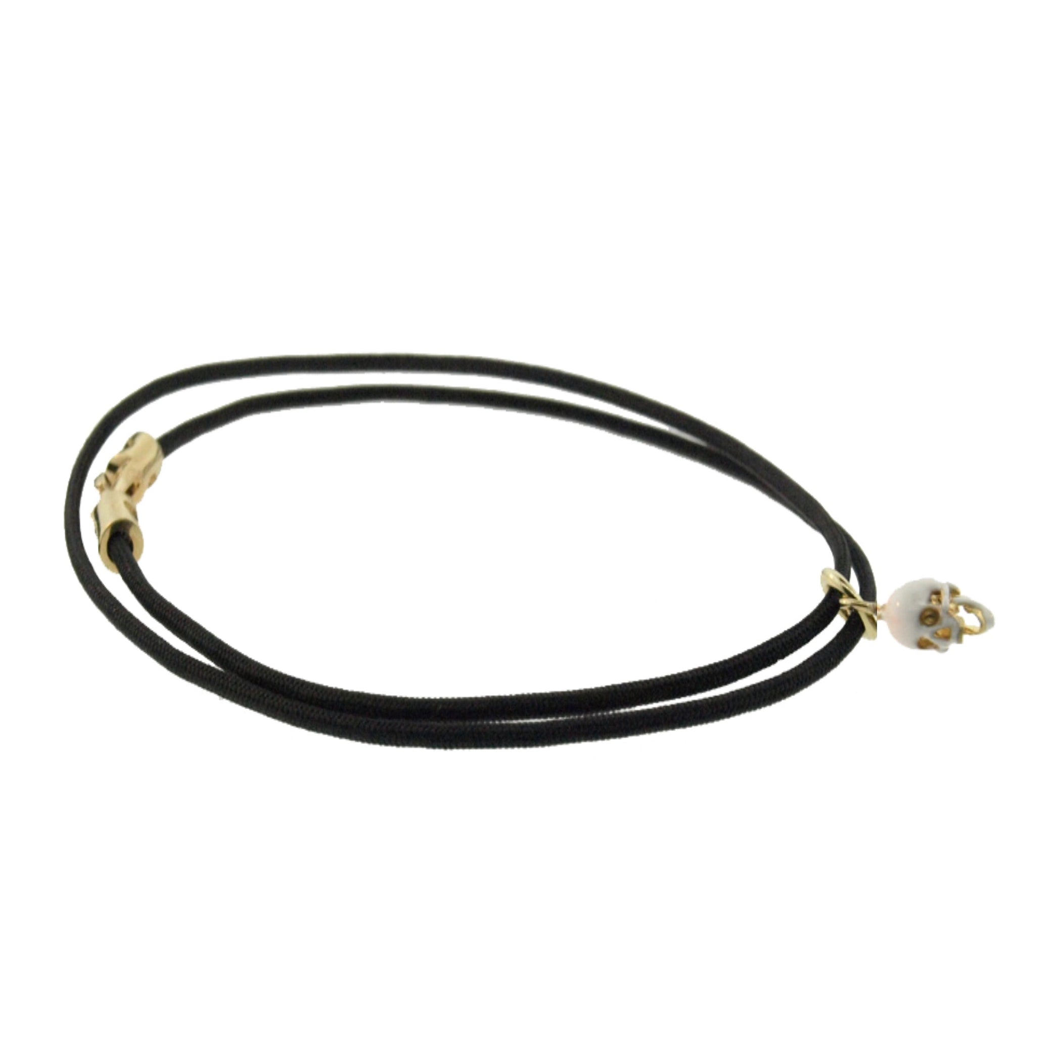 Black cord with gold clasp on a white background
