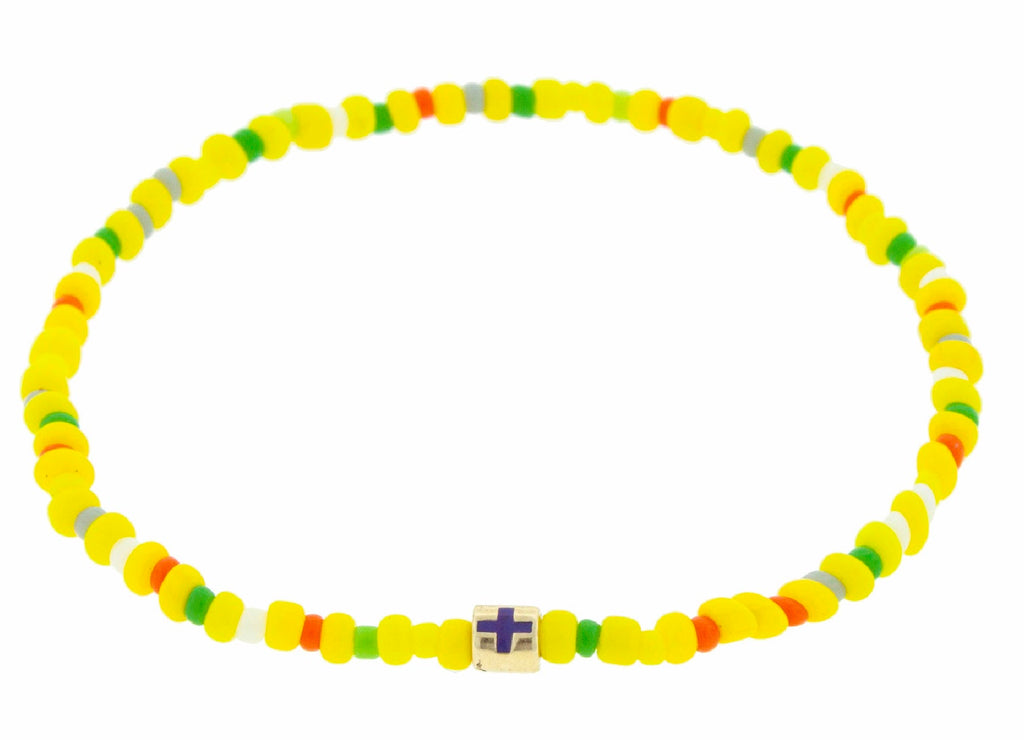 LUIS MORAIS 14K yellow gold short roll with enameled purple  cross symbol on a yellow glass beaded bracelet.