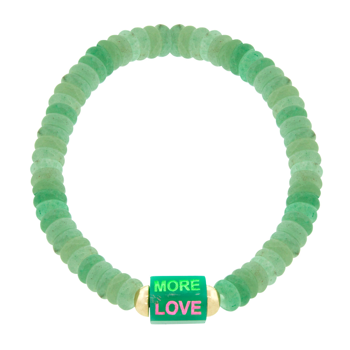 LUIS MORAIS 14K yellow gold medium chrysoprase hexagon gemstone bolt bead with multicolor enameled and carved words on a gemstone beaded bracelet.