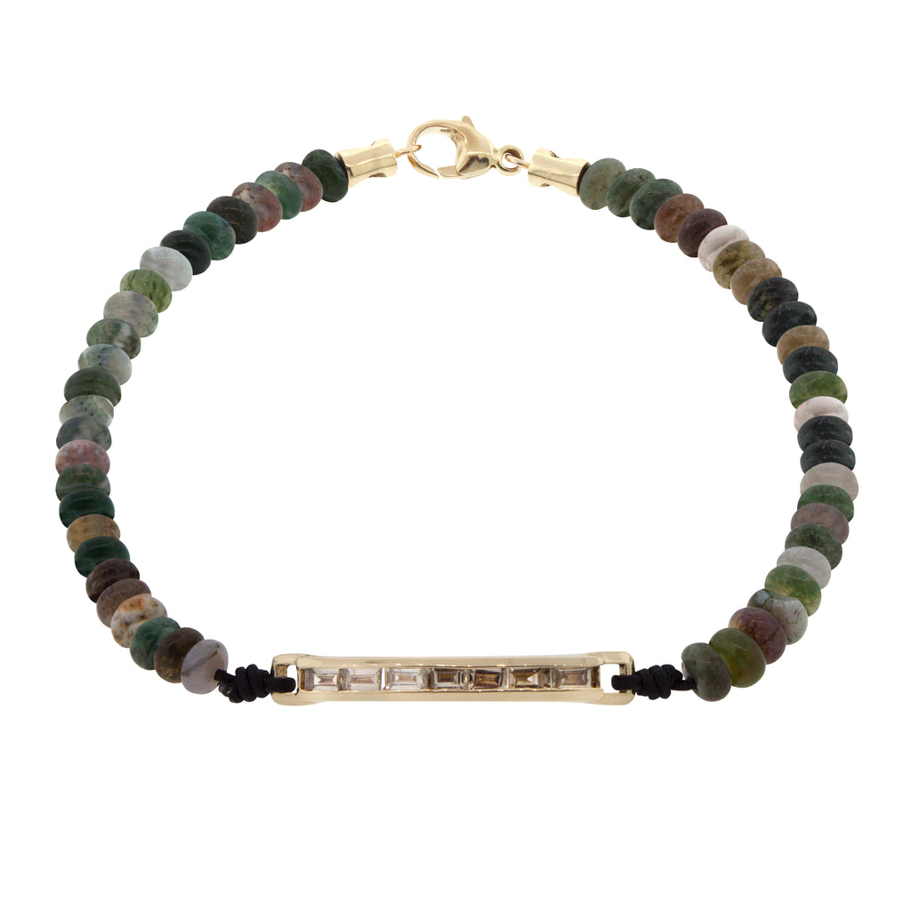 LUIS MORAIS 14K gold medium link ID bar with TLC diamond baguettes on an Indian agate gemstone beaded bracelet with 14k yellow gold lobster clasp closure.