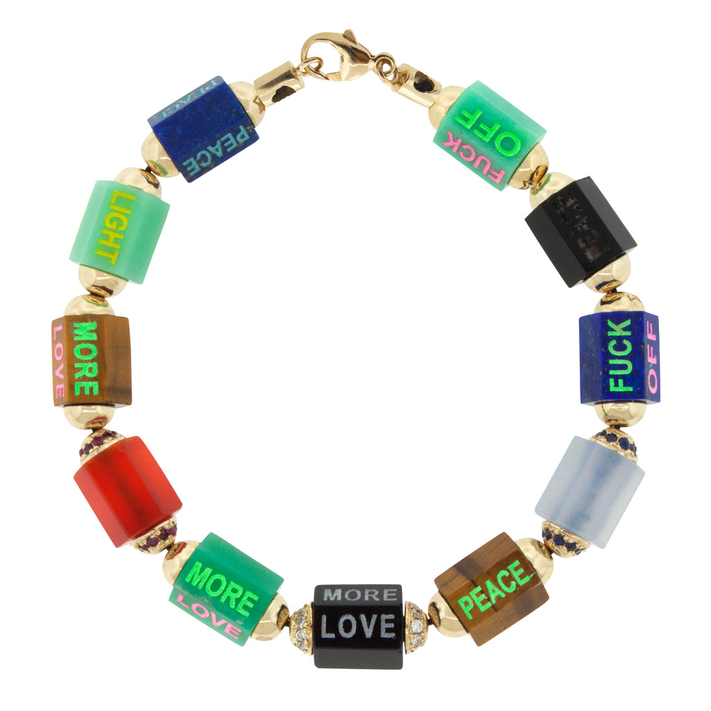 LUIS MORAIS 14k yellow gold hexagon bracelet featuring gemstone bolt beads with varied enameled words and diamond, ruby, and sapphire accents. Lobster clasp closure.