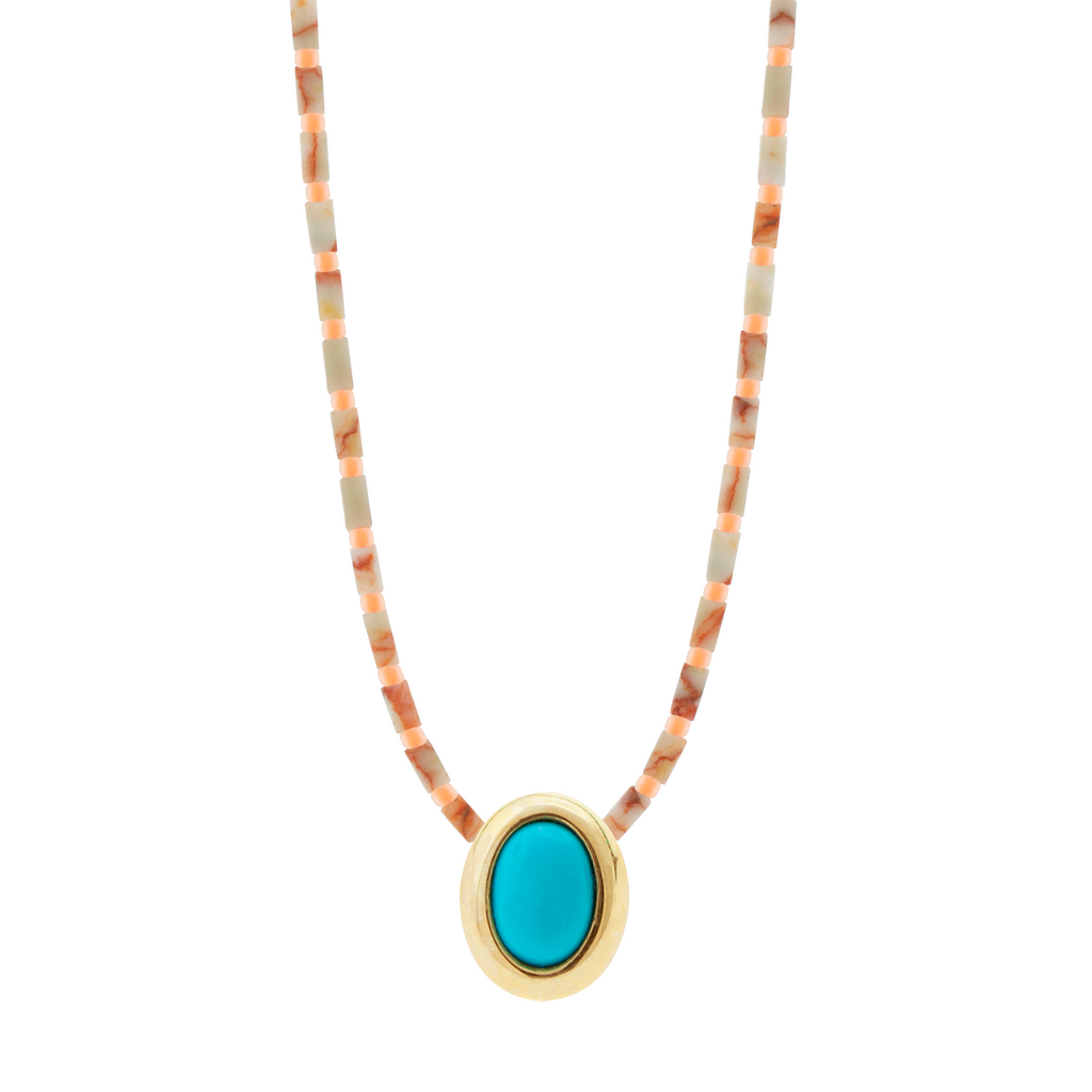 Oval Turquoise Cabochon on Jasper Beaded Necklace