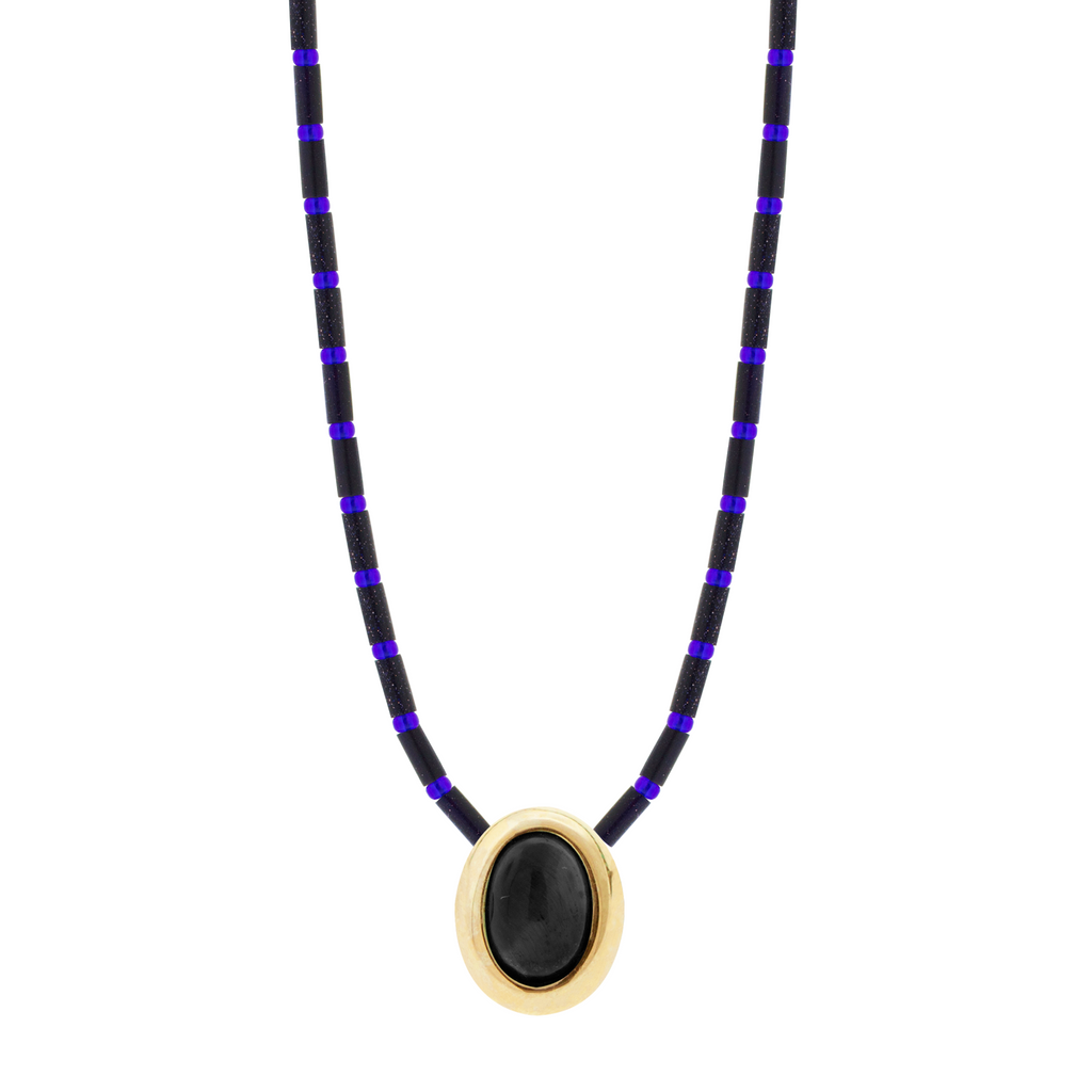 LUIS MORAIS 14k yellow gold oval <em>Eye of the Idol</em> cabochon bead with an Onyx gemstone center on a beaded necklace.&nbsp;