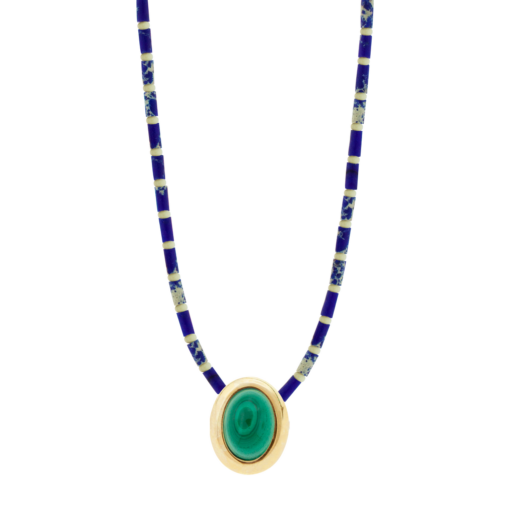 LUIS MORAIS 14k yellow gold oval <em>Eye of the Idol</em> cabochon bead with a Malachite gemstone center on a beaded necklace.&nbsp;