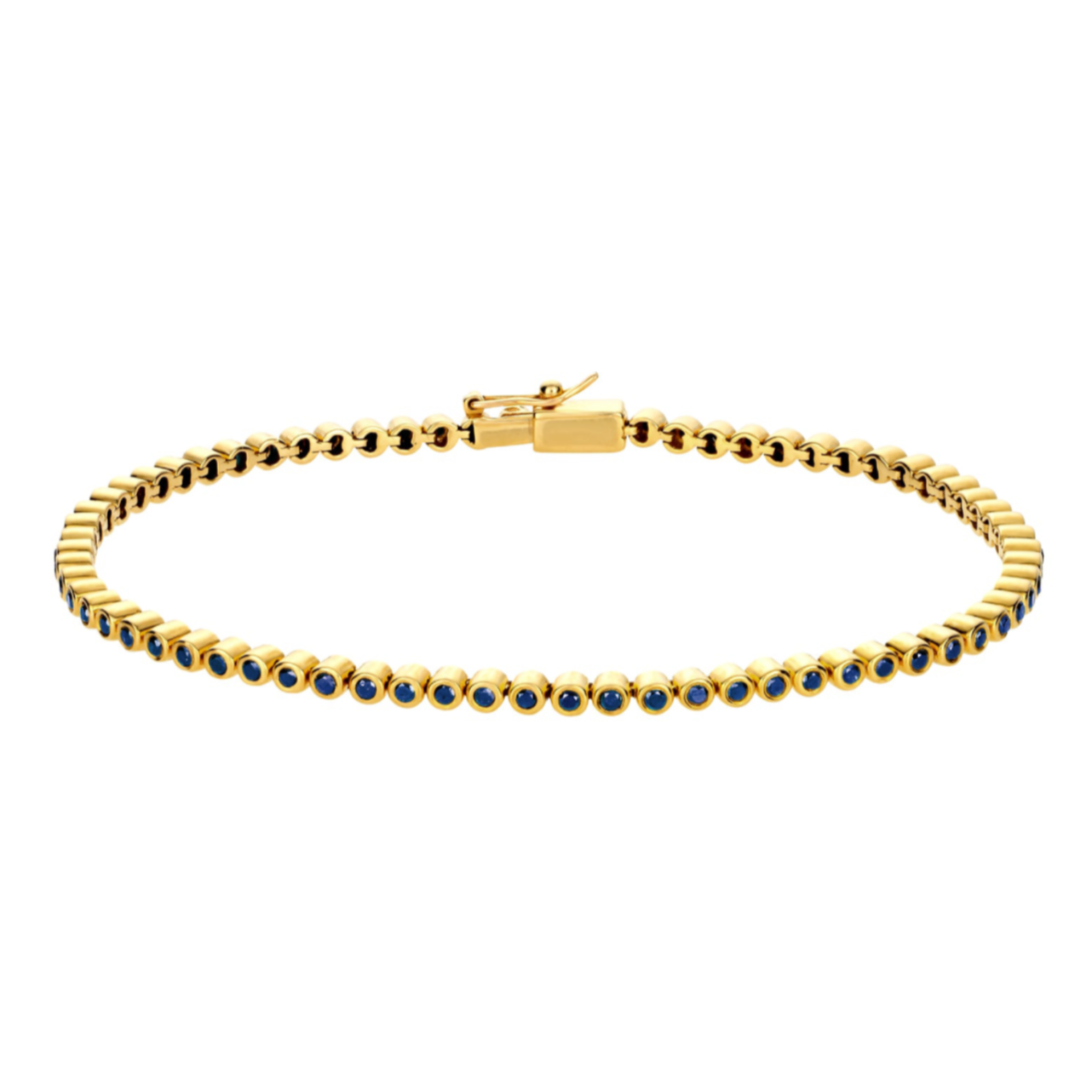 LUIS MORAIS 14K yellow gold tennis bracelet with blue sapphires with hinge closure. *If you require a size that is not available in the options provided, please indicate your preferred size in the designated text box during checkout.