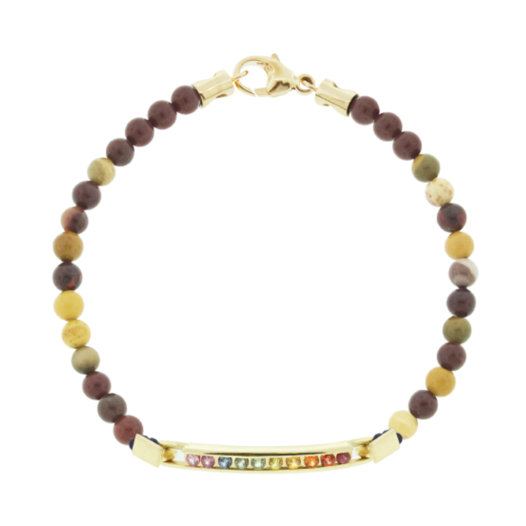 LUIS MORAIS 14K gold medium link ID bar with round rainbow sapphires gemstones on an Egg Yolk Jasper beaded bracelet. 14k yellow gold lobster clasp closure.     *If you require a size that is not available in the options provided, please indicate your preferred size in the designated text box during checkout.