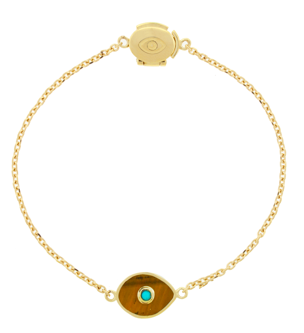 LUIS MORAIS 14k yellow gold cable chain bracelet with a gold framed gemstone eye with a cabochon gemstone center. Features a an engraved eye clamshell clasp closure. The evil eye is a symbol of protection, believed to ward off negative energy and bring good fortune.
