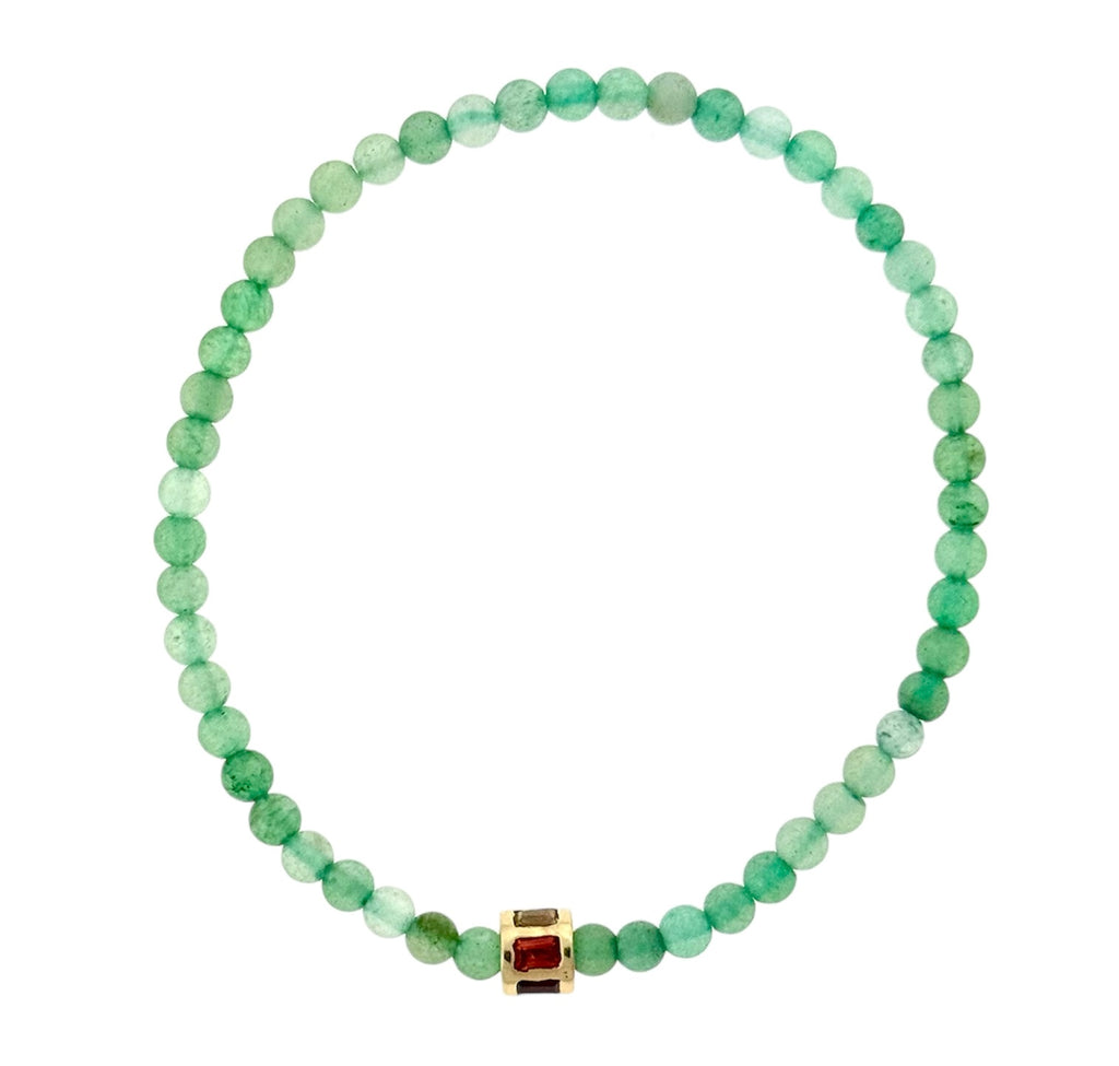 LUIS MORAIS 14k yellow gold cylinder with rainbow sapphire baguettes on a Chrysoprase beaded bracelet.