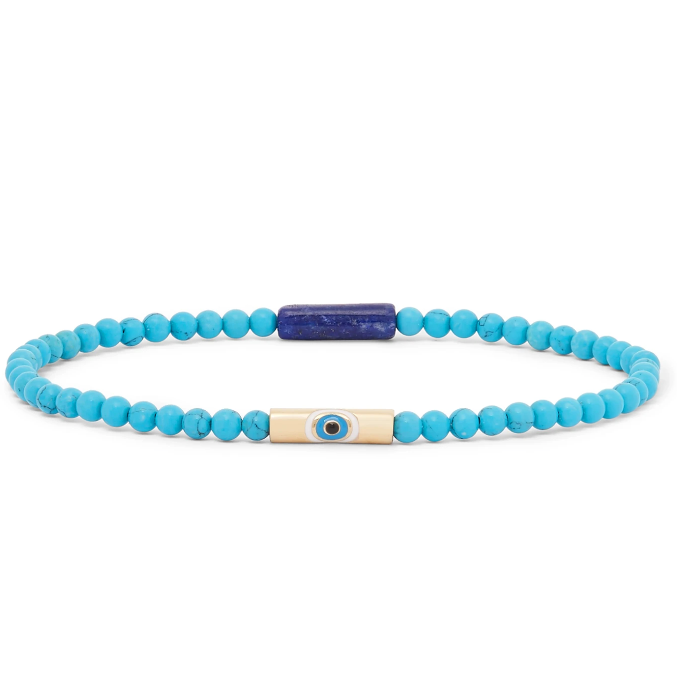 Turquoise beaded bracelet with a blue and gold accent bead on a white background