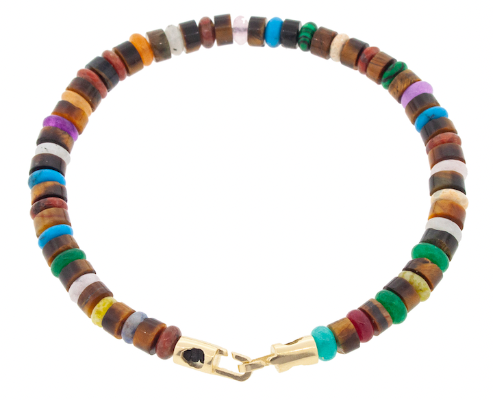 LUIS MORAIS Tiger's Eye multicolor gemstone beaded bracelet with a 14k yellow gold medium sized hook clasp closure.