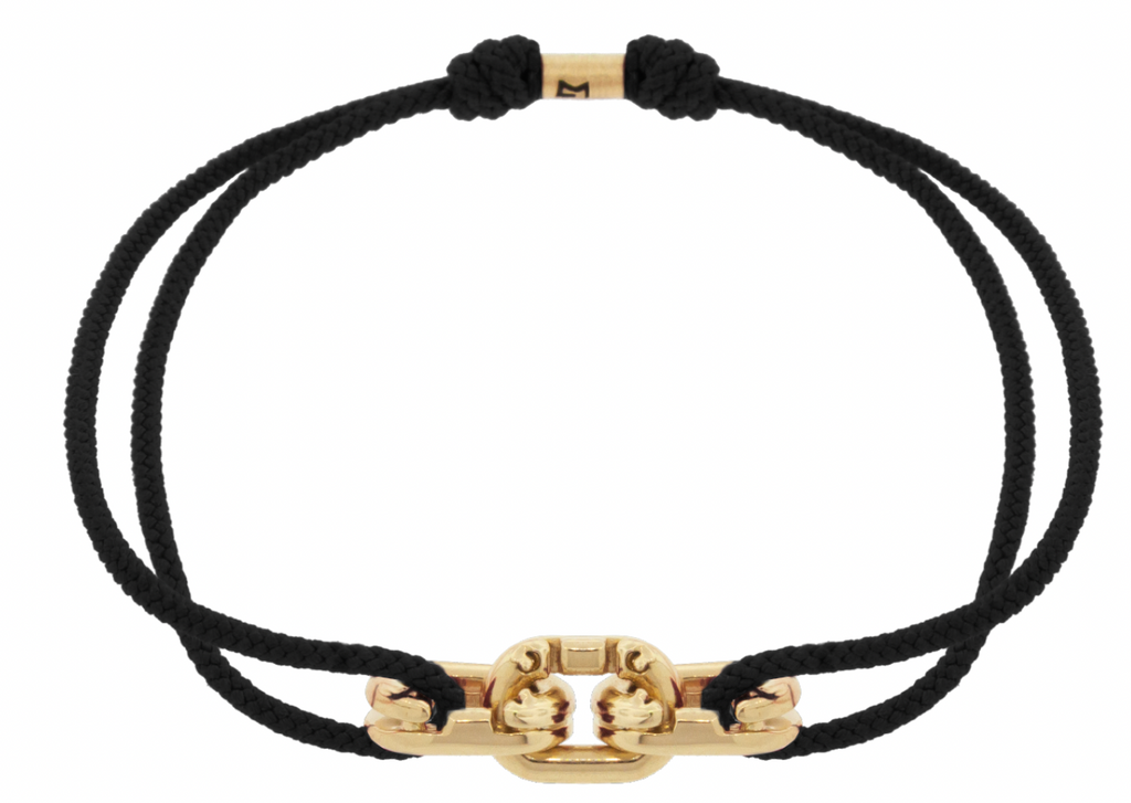 LUIS MORAIS 14k yellow gold small triple Friendship Links on an adjustable cord bracelet. Features a gold logo spacer.