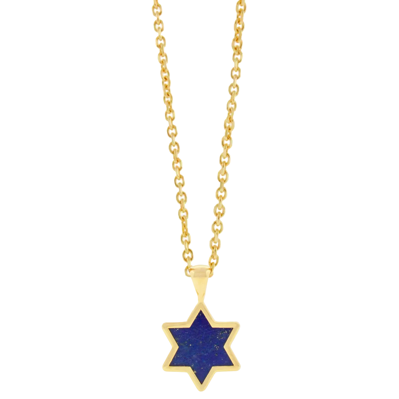 Gold necklace with a blue star pendant on a white background