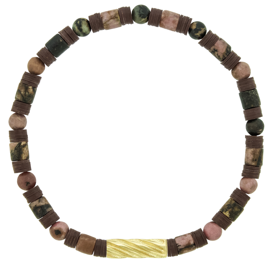 LUIS MORAIS 14K yellow gold extended drill bead on a Rhondonite gemstone and vinyl beaded bracelet.