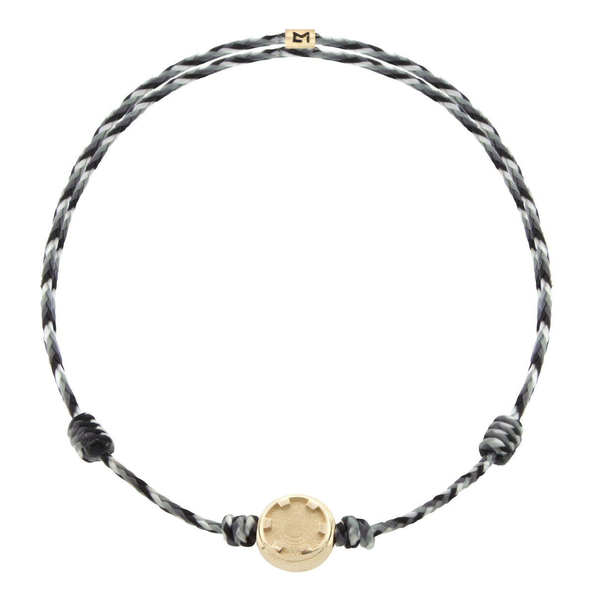 LUIS MORAIS 14K yellow gold small torx screw head disk and logo spacer on an adjustable cord bracelet.