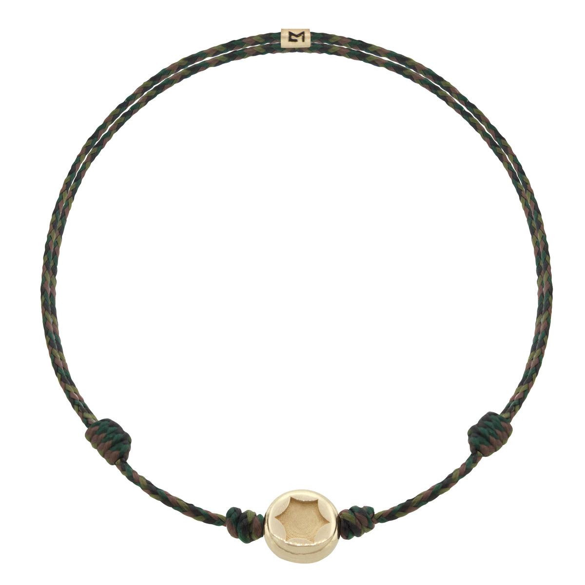 LUIS MORAIS 14K yellow gold small screw head disk and logo spacer on an adjustable cord bracelet.