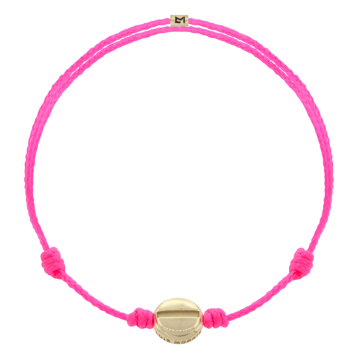 LUIS MORAIS 14K yellow gold small flat head screw disk and logo spacer on an adjustable cord bracelet.