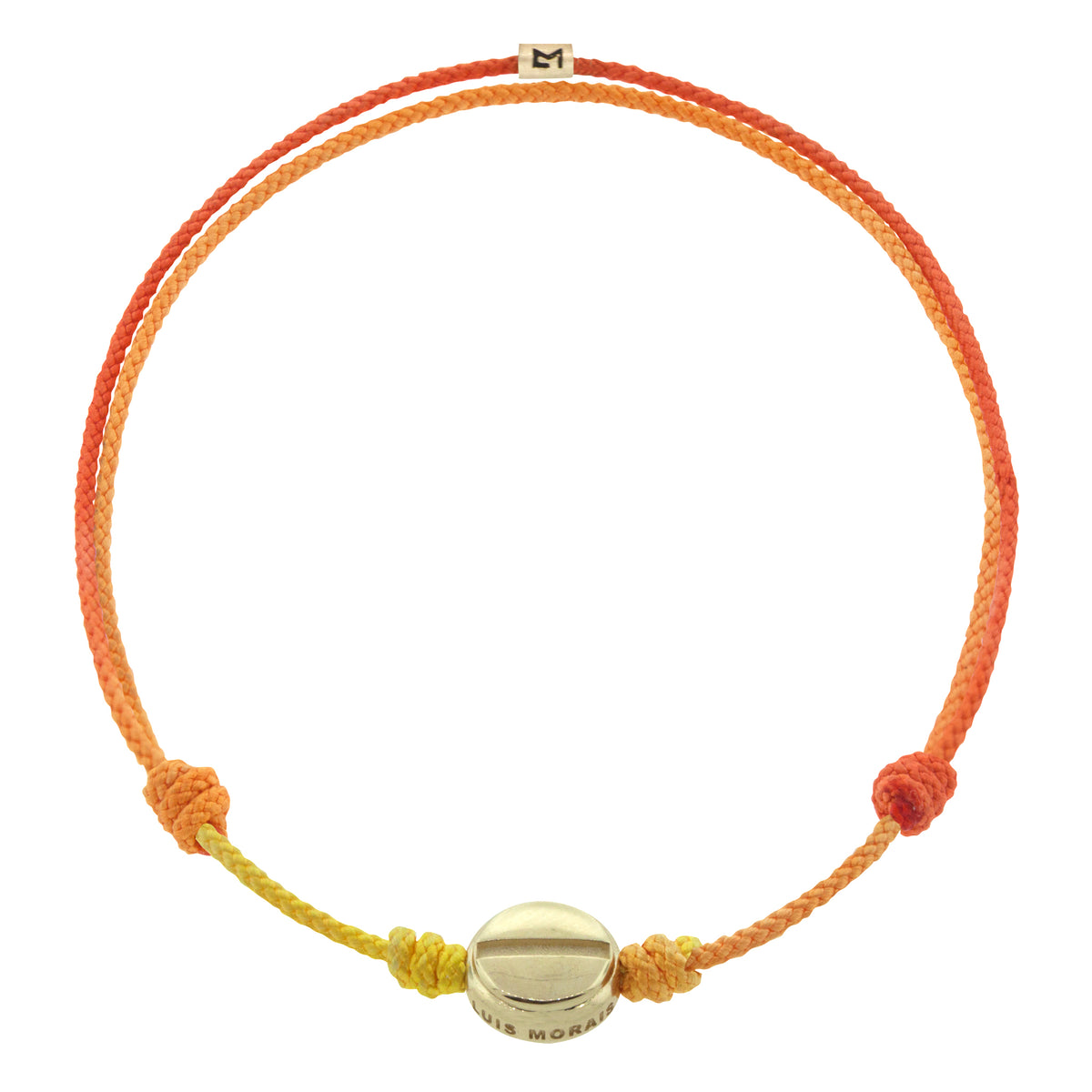 LUIS MORAIS 14K yellow gold small flat head screw disk and logo spacer on an adjustable cord bracelet.