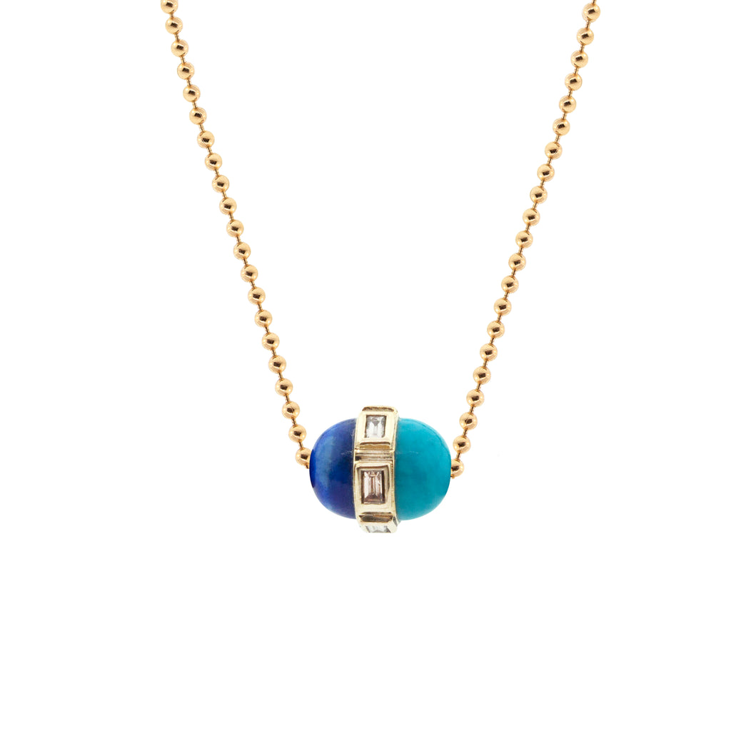 LUIS MORAIS 14K yellow gold vertical collar pendant with white diamond baguettes and a lapis and turquoise cabochon on a 24 inch ball chain necklace. Lobster clasp closure.