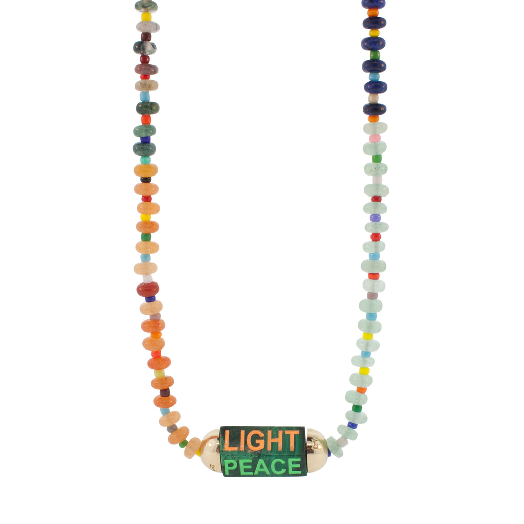 LUIS MORAIS 14K yellow gold hexagon gemstone bolt bead with multicolored enameled and carved words on a 27 inch gemstone and glass beaded necklace.