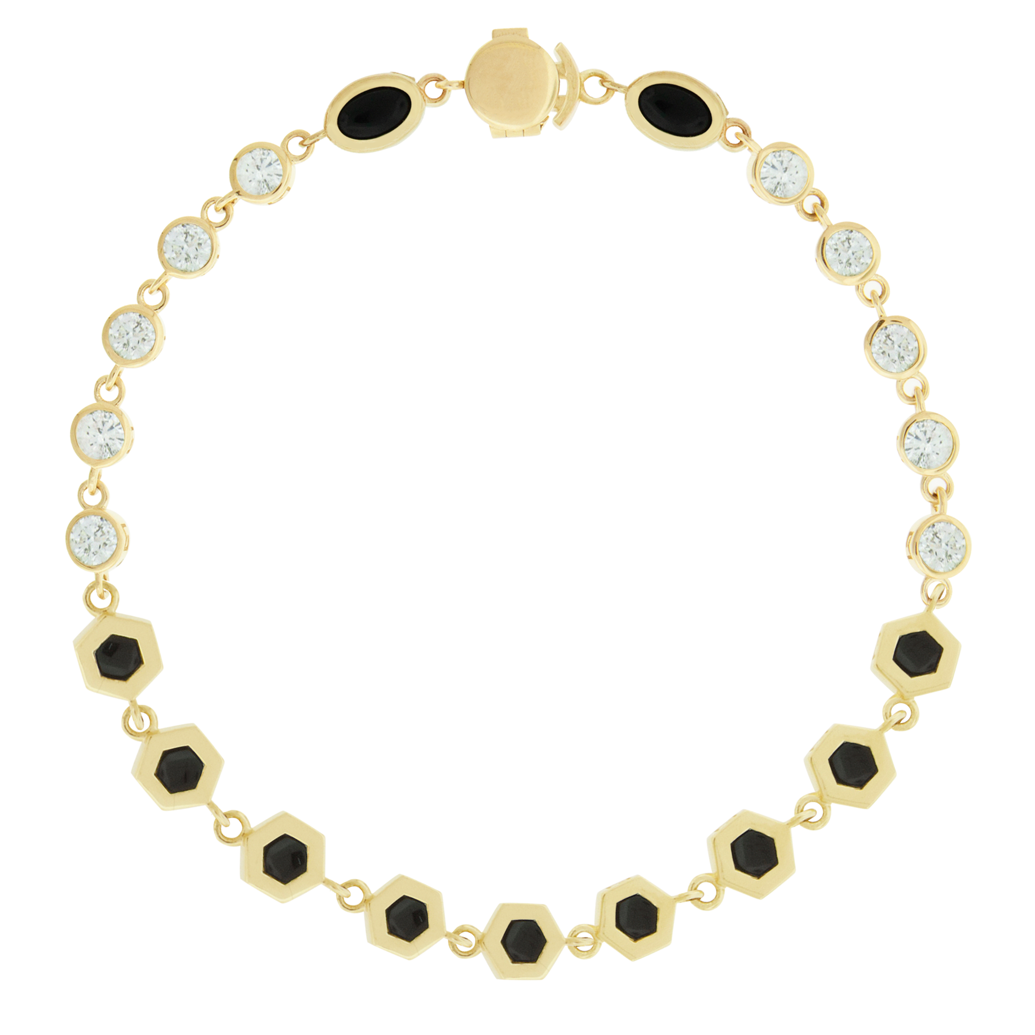 LUIS MORAIS 14k yellow gold bracelet featuring carved hexagon gemstones and round diamonds. Our unique clamshell clasp closure provides added security with its sleek design.