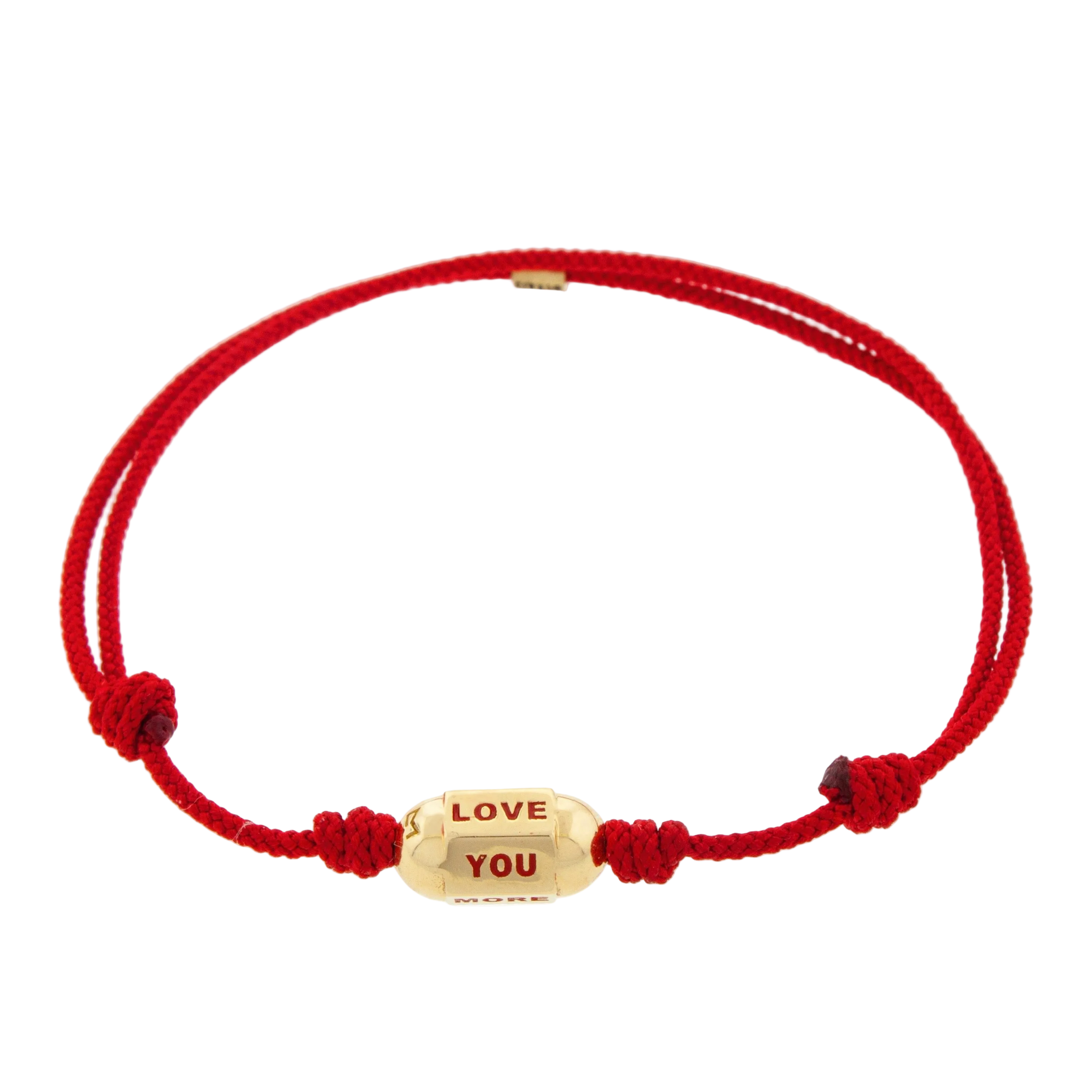 Red bracelet with a gold 'LOVE YOU' charm on a white background