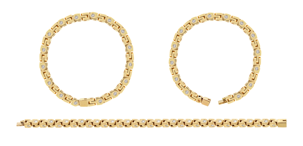 LUIS MORAIS 14k yellow gold bike chain link bracelet with approximately 4.5 carats of white diamonds. Men's standard size 7.5.  -Please note this piece is made-to-order, therefore resulting in a longer processing time. For more information please contact Customer Service.   