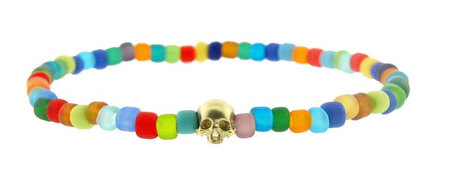 LUIS MORAIS 14k yellow gold G6 half-skull with satin finish on frosted multicolor  glass beaded bracelet.