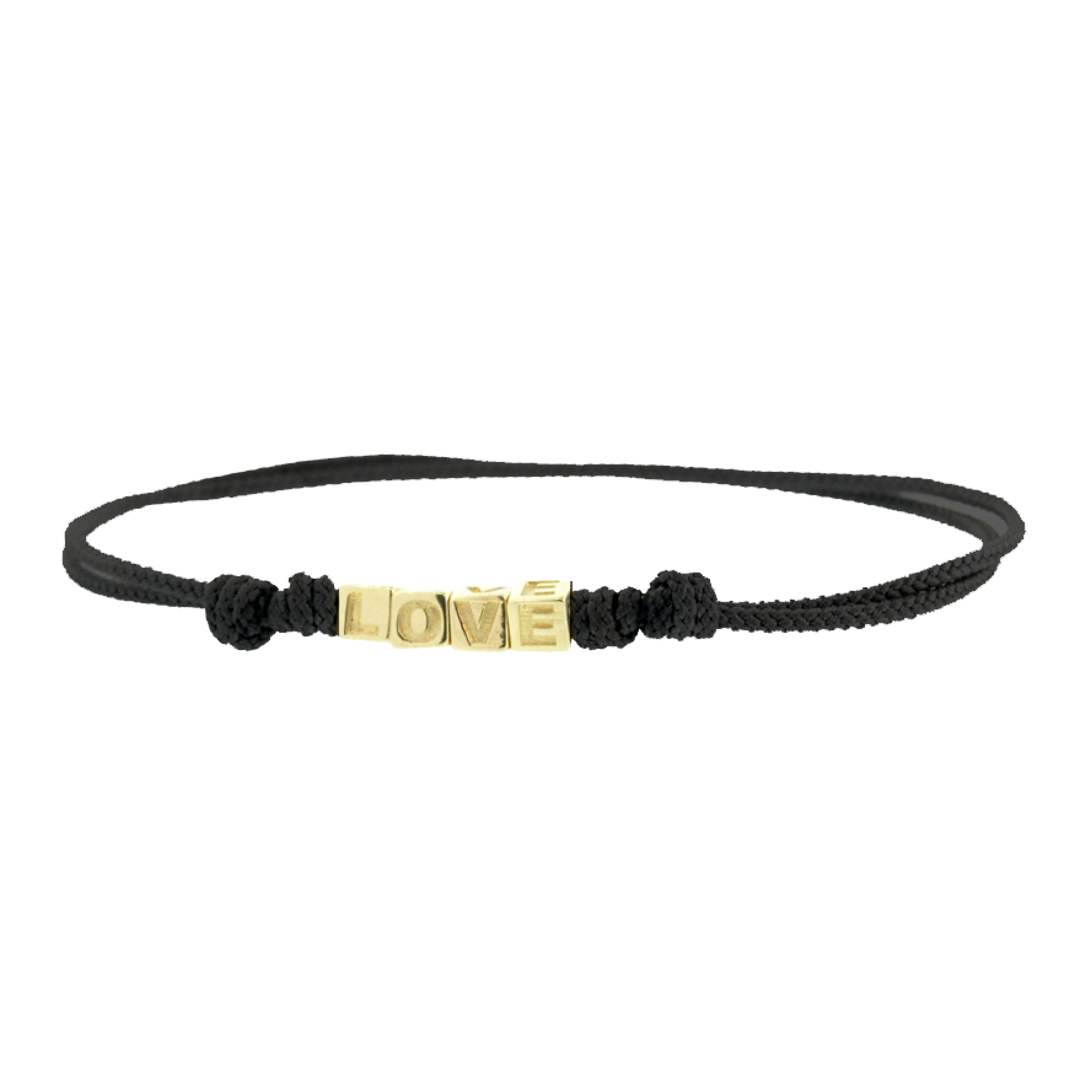 Black braided bracelet with a gold 'LOVE' charm on a white background