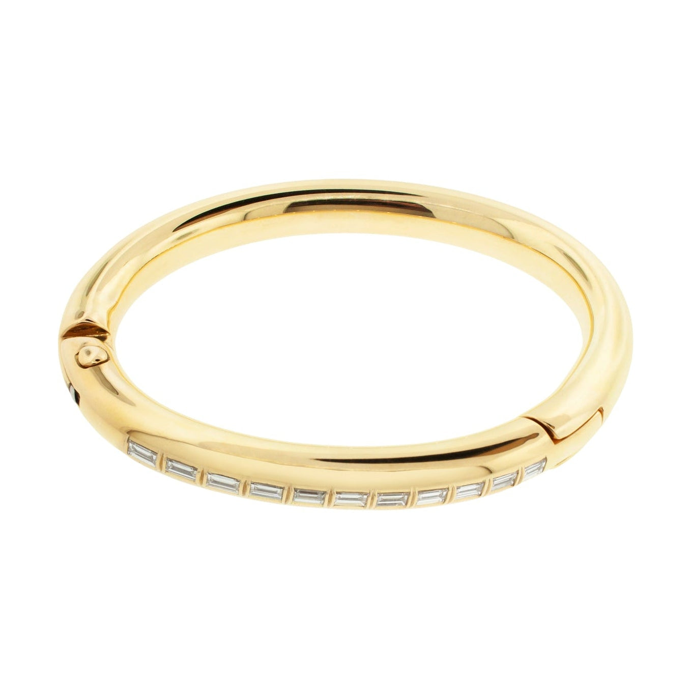 LUIS MORAIS 14K polished yellow gold Carabiner bangle bracelet with white diamond baguettes. Hinge closure. Width: 8 mm