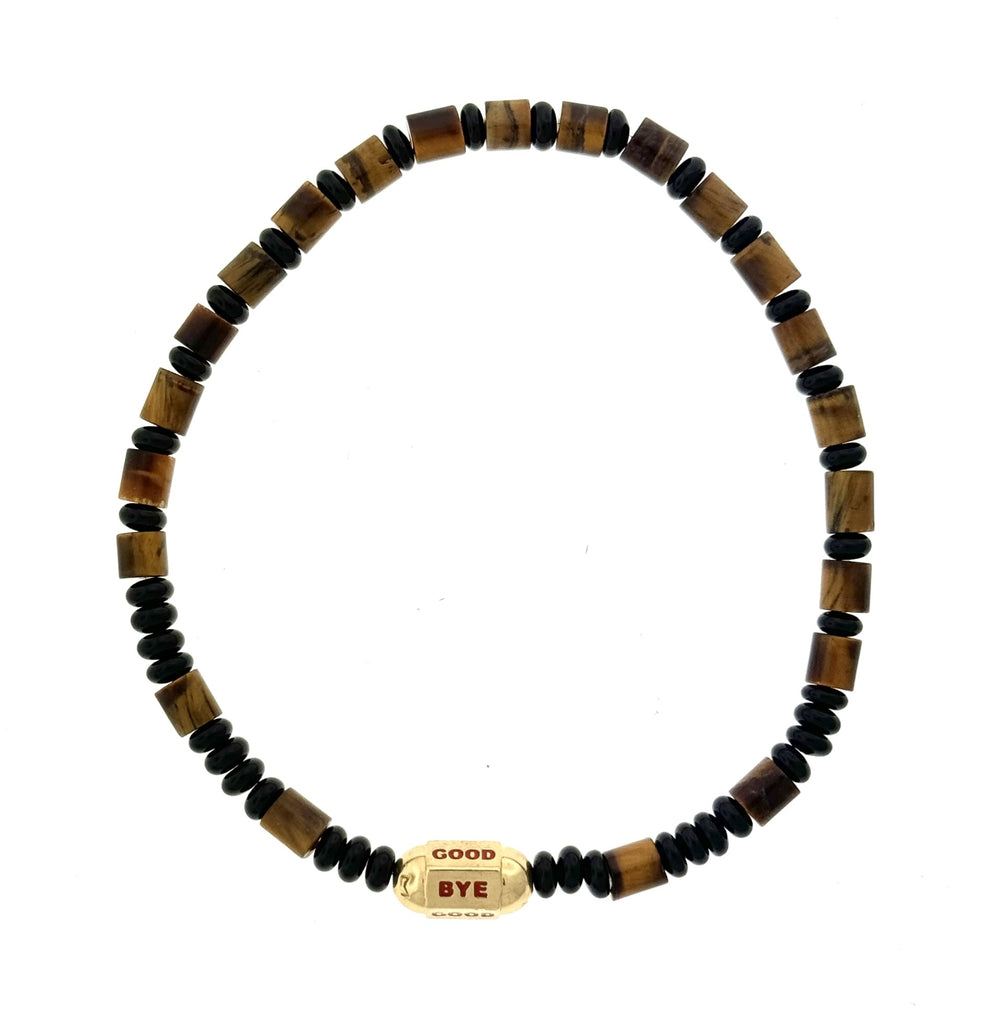 LUIS MORAIS 14K Yellow Gold Hexagon Bolt Bead with Red Enamel on an Onyx and Tiger's Eye Gemstone Beaded Bracelet