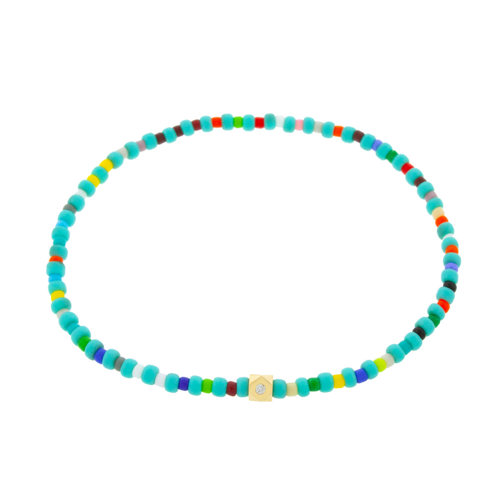 LUIS MORAIS 14K Yellow Gold Flat Tetra with a White Diamond on a Turquoise and Multi Color Glass Beaded Bracelet