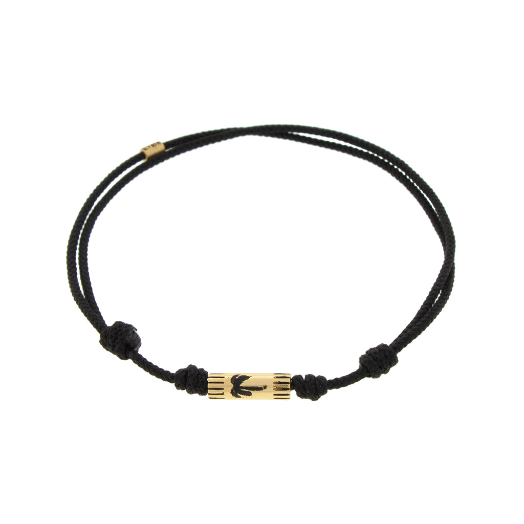 LUIS MORAIS 14K yellow gold slim tube with enameled black palm tree on a black cord bracelet 