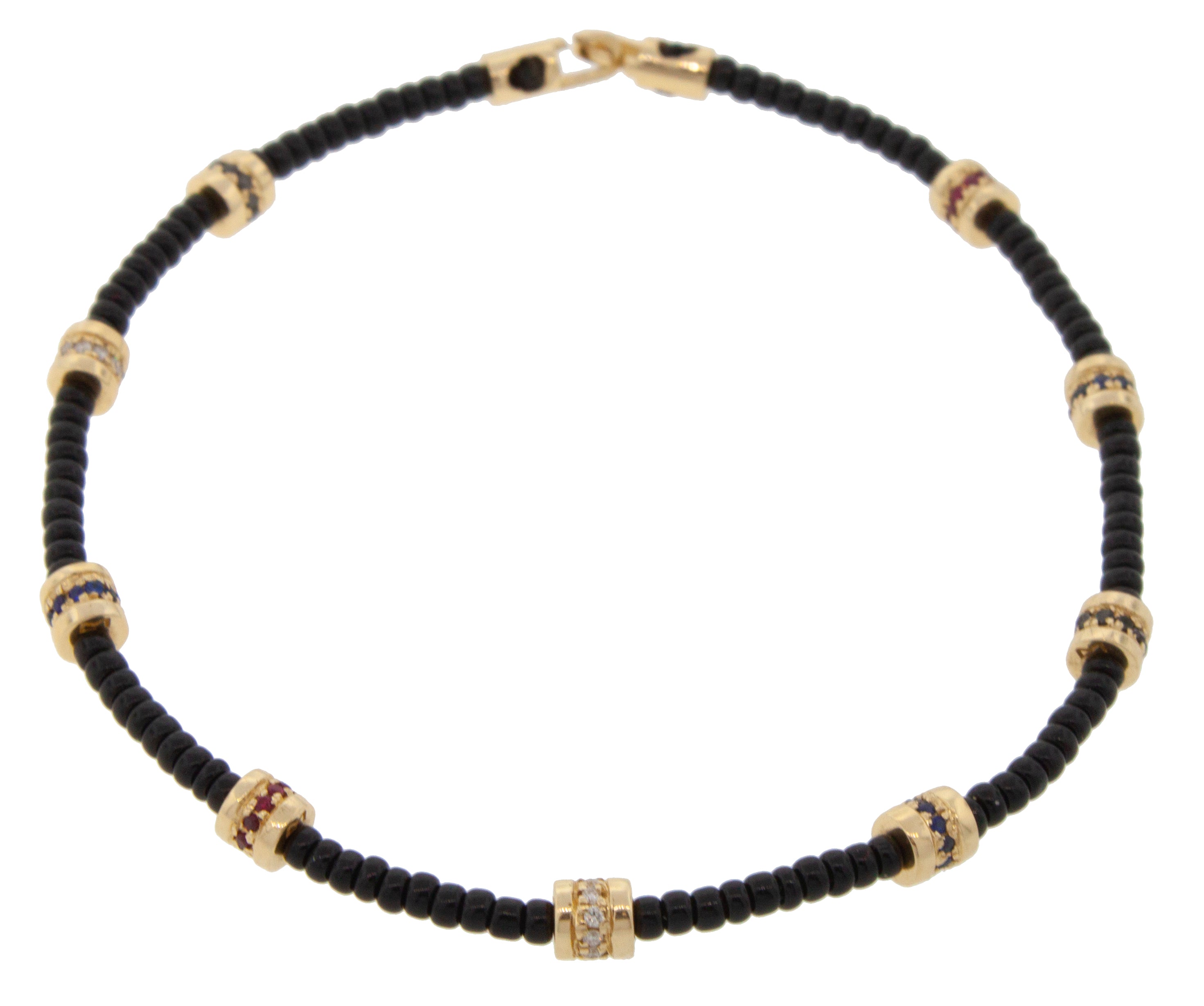 Nine Diamond, Sapphire, and Ruby Short Roll Beads on Bead Bracelet with Clasp