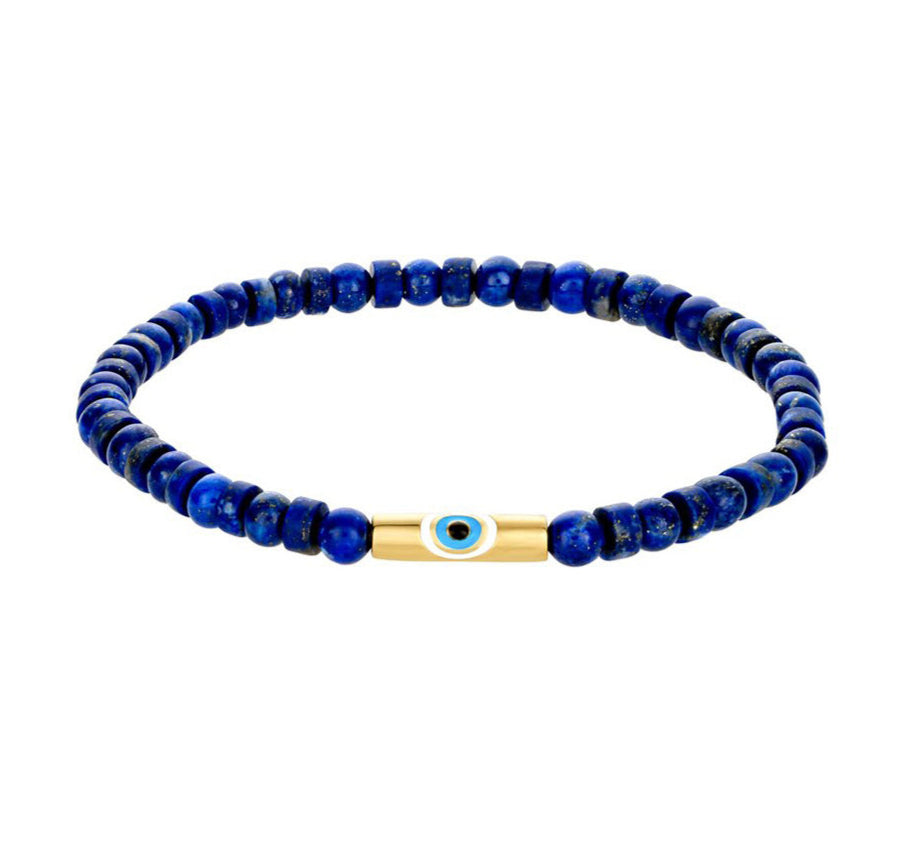 LUIS MORAIS 14k Yellow Gold Large Enameled Evil Eye on a Lapis Beaded Bracelet