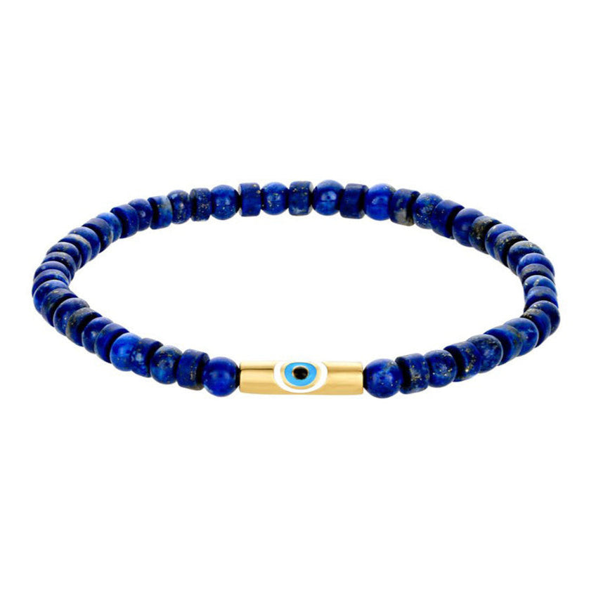 LUIS MORAIS 14k Yellow Gold Large Enameled Evil Eye on a Lapis Beaded Bracelet
